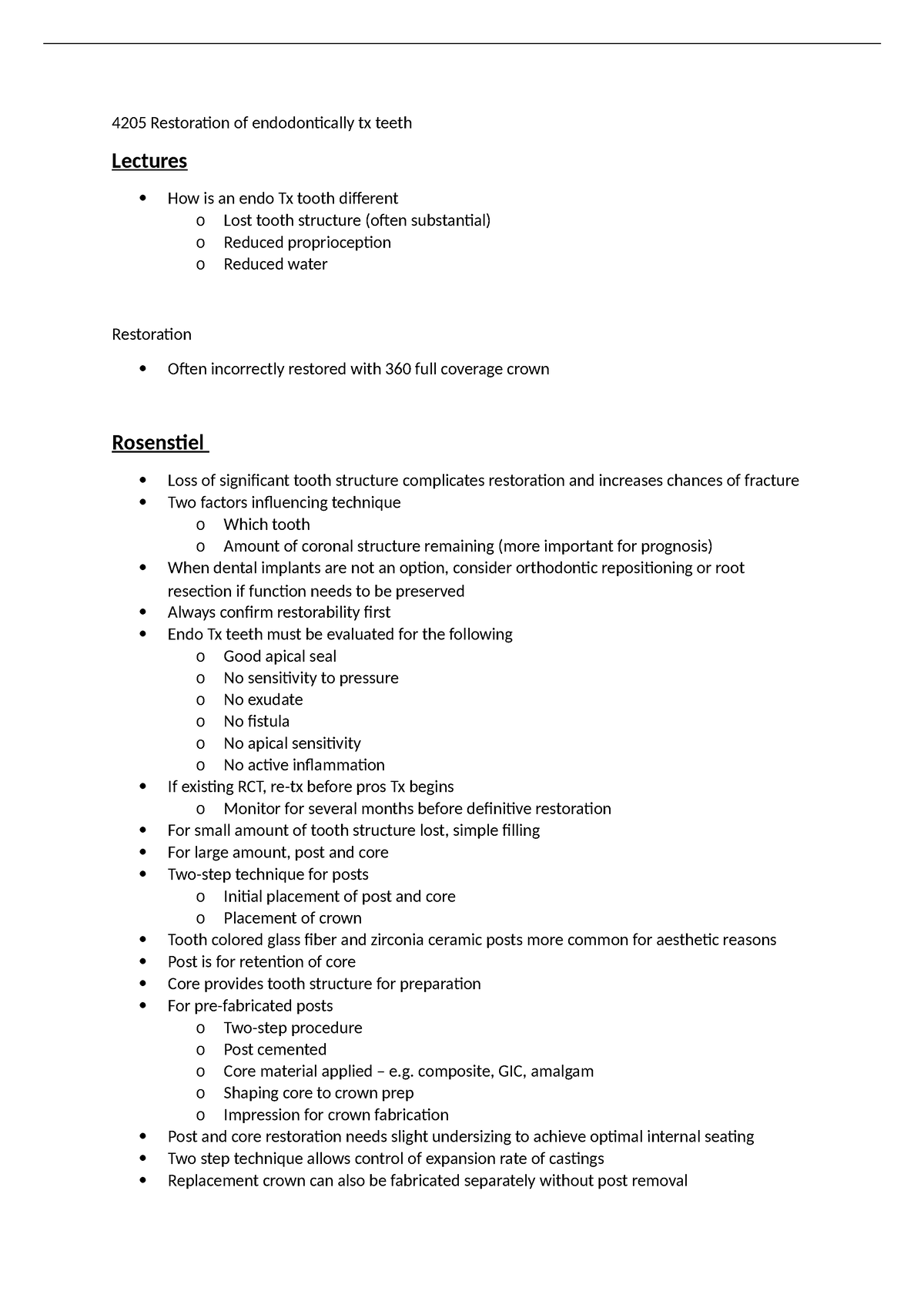 Summarized Notes - 4205 Restoration of endodontically tx teeth Lectures ...