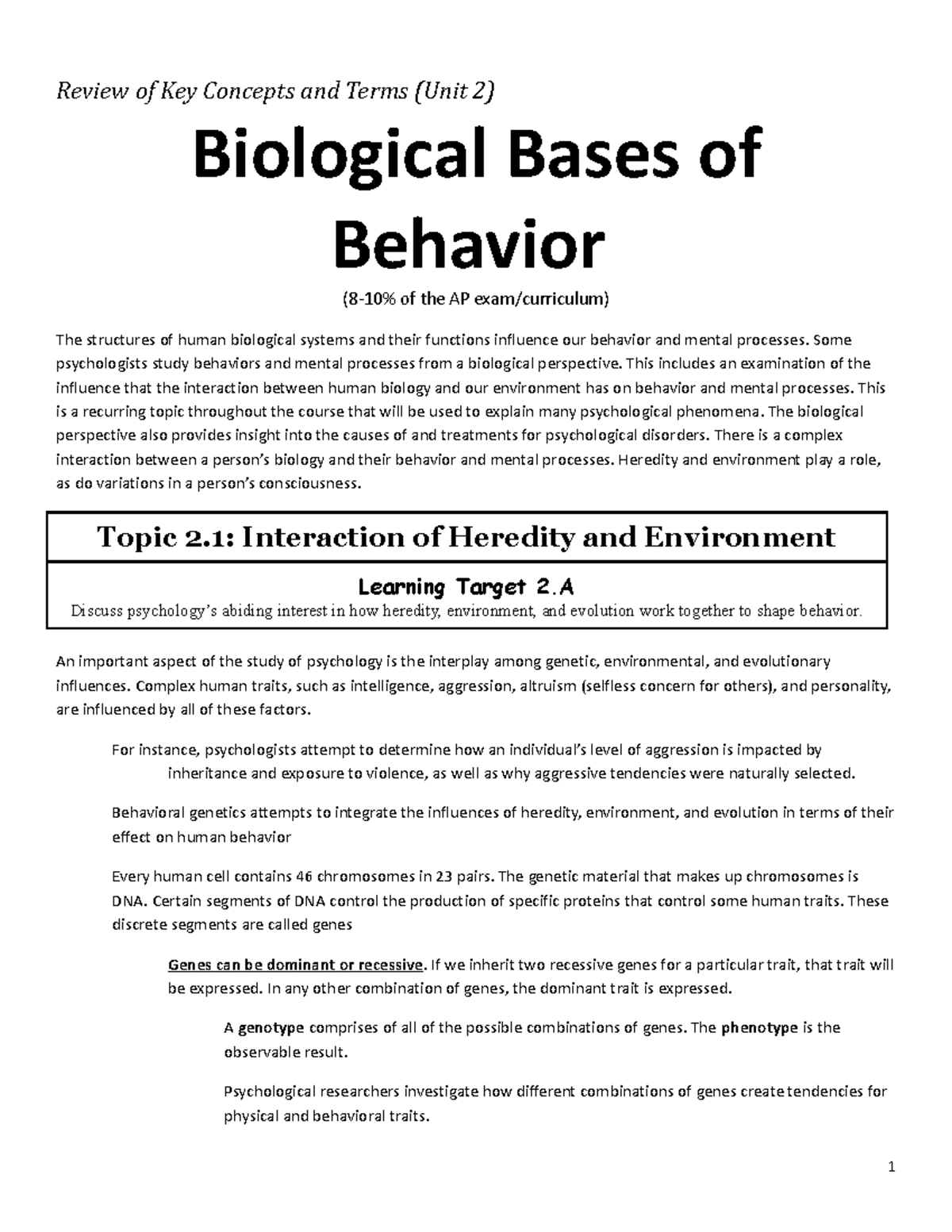 Review (Unit 2) - Biological Bases Of Behavior - Review Of Key Concepts ...