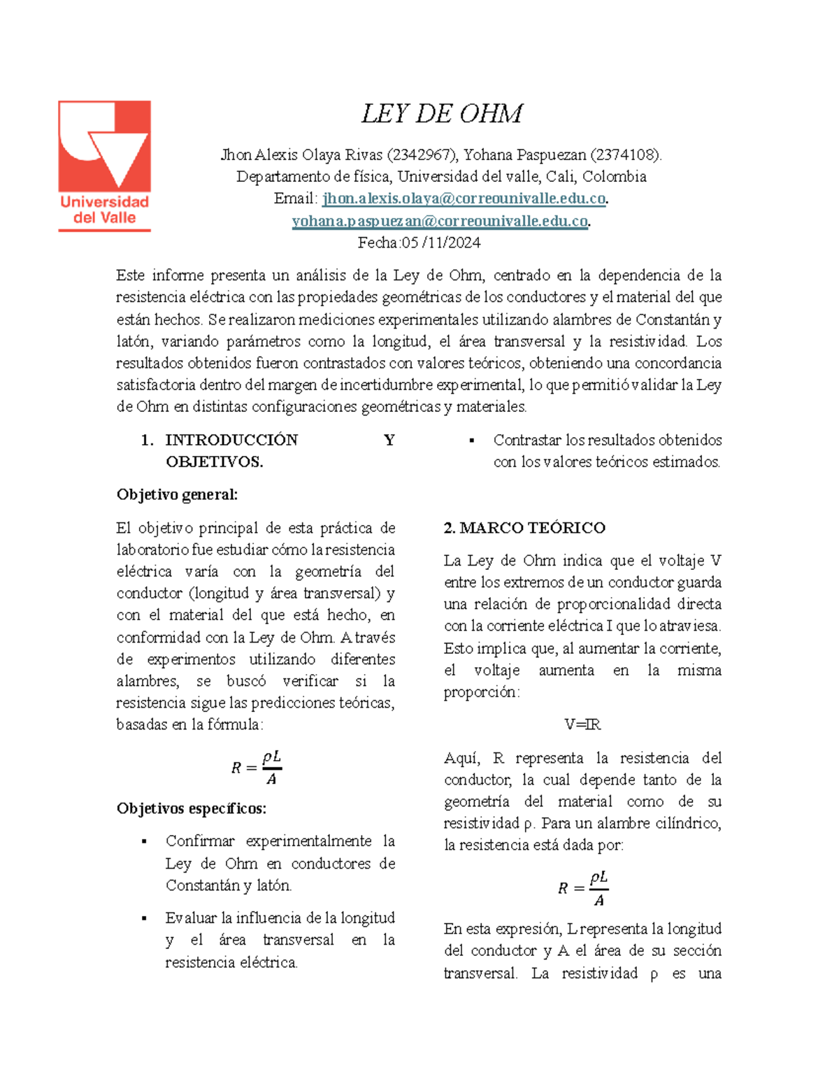 Ley De Ohm informe original - LEY DE OHM Jhon Alexis Olaya Rivas ...