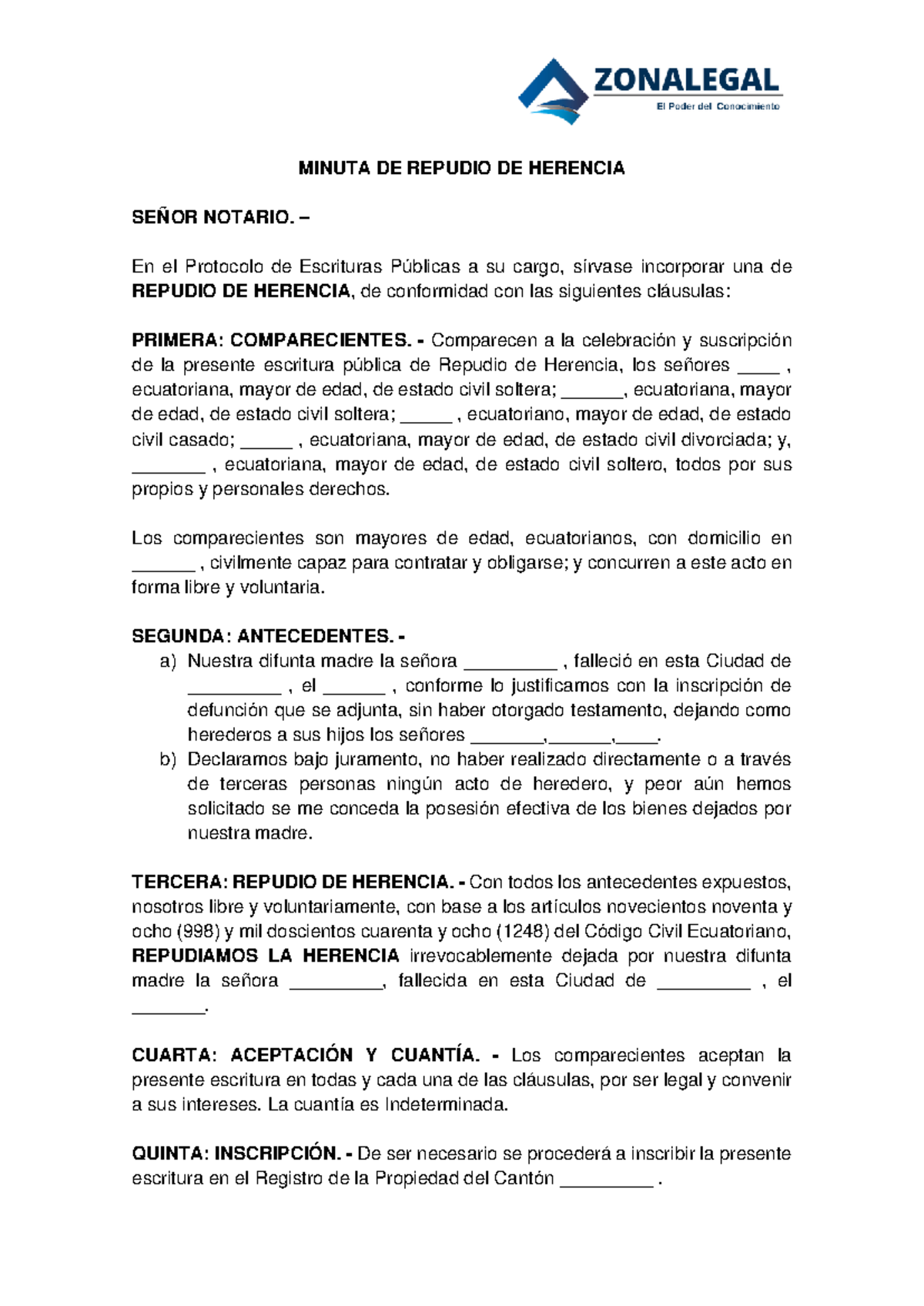 Minuta DE Repudio DE Herencia - MINUTA DE REPUDIO DE HERENCIA SEÑOR ...