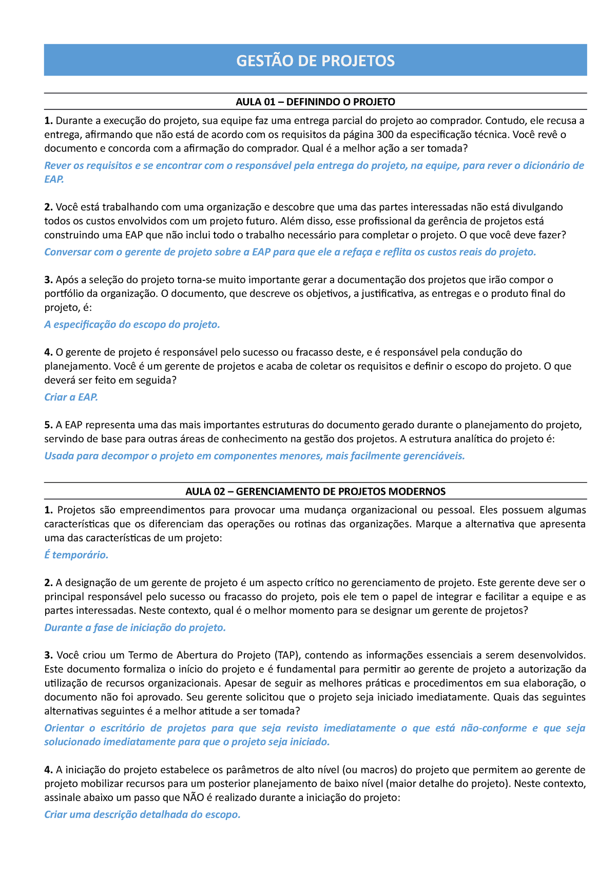 Gestão De Projetos Questões De Aprendizado GestÃo De Projetos Aula 01 Definindo O Projeto 9567