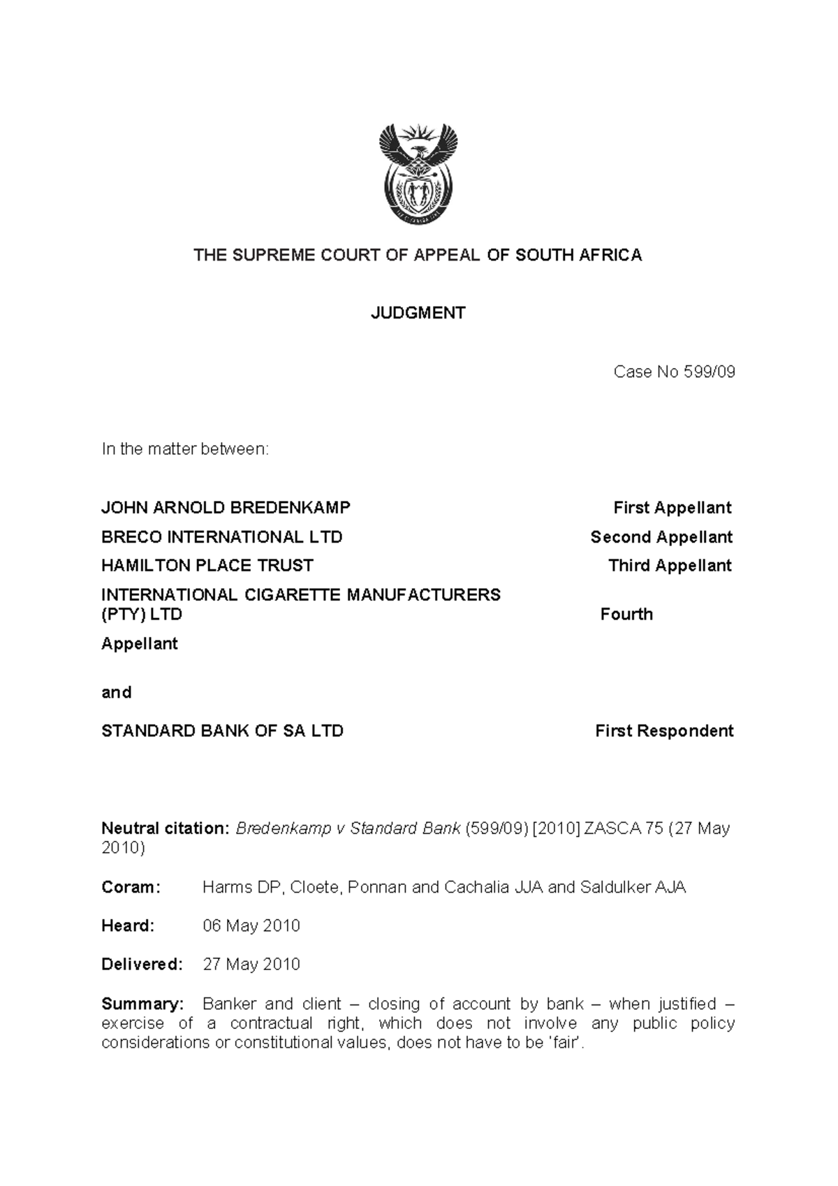 Bredenkamp v Standard Bank of South Africa Ltd - THE SUPREME COURT OF ...