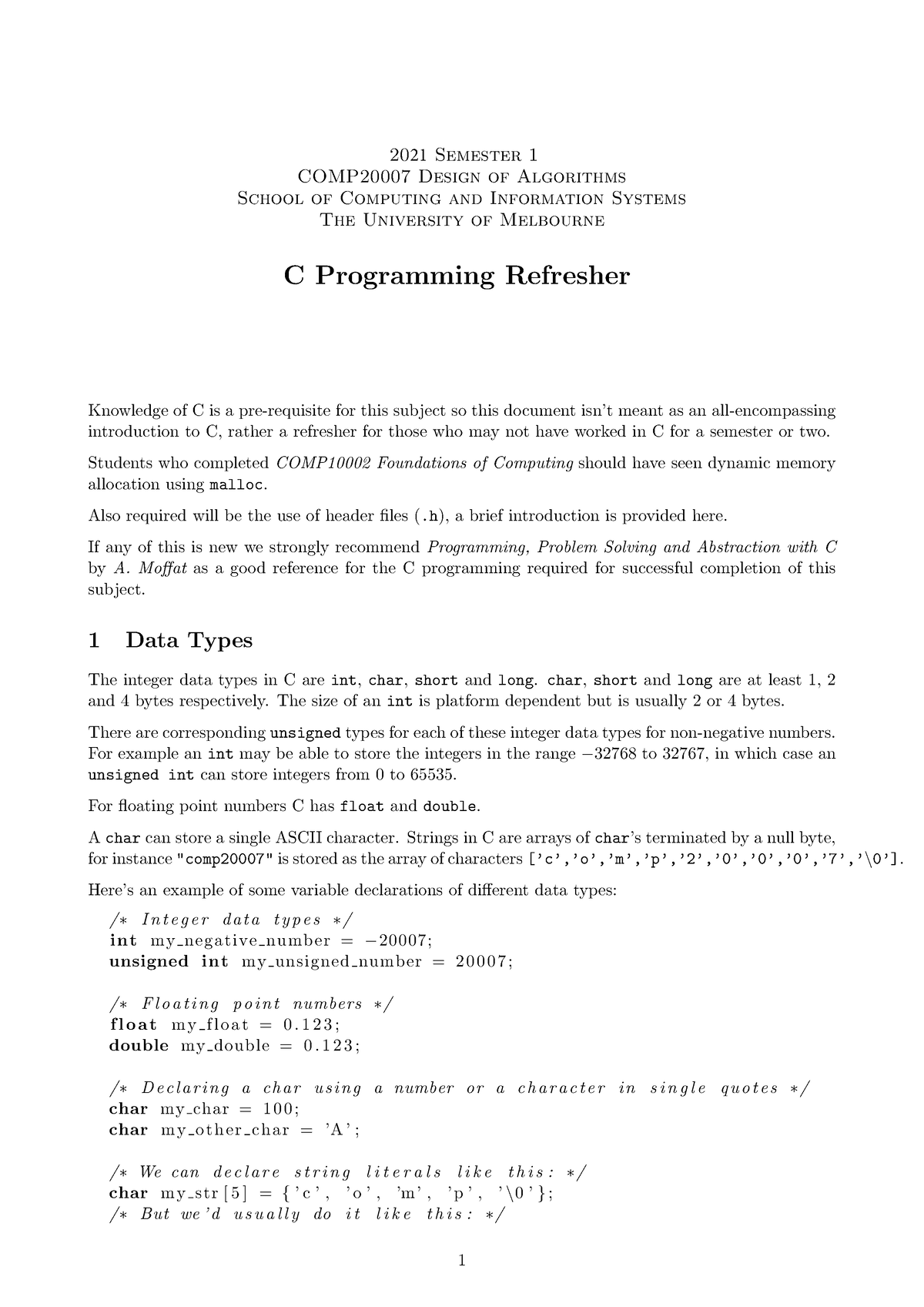 Week 2 - C Primer - Basic Refresher - 2021 Semester 1 COMP20007 Design ...