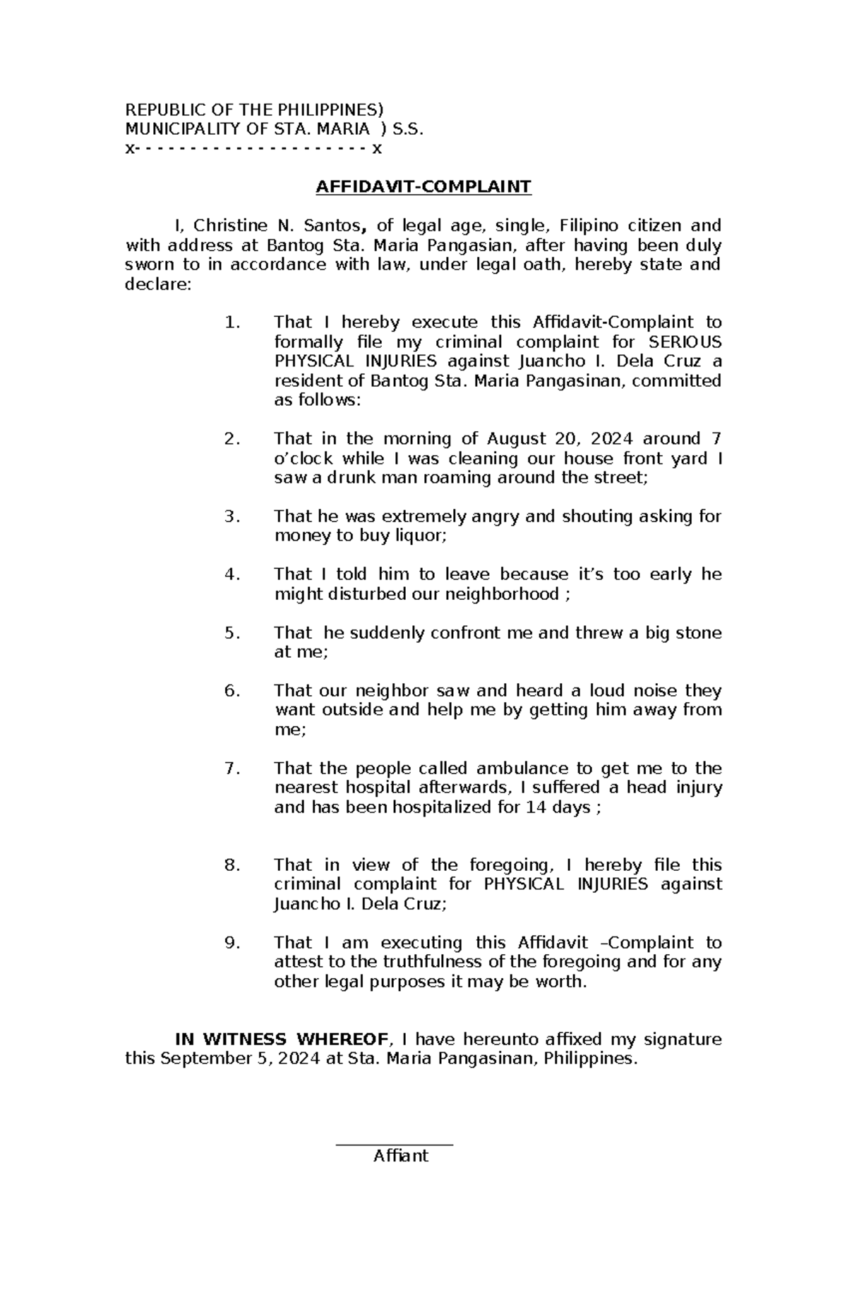 Affidavit Complaint KJG REPUBLIC OF THE PHILIPPINES) MUNICIPALITY