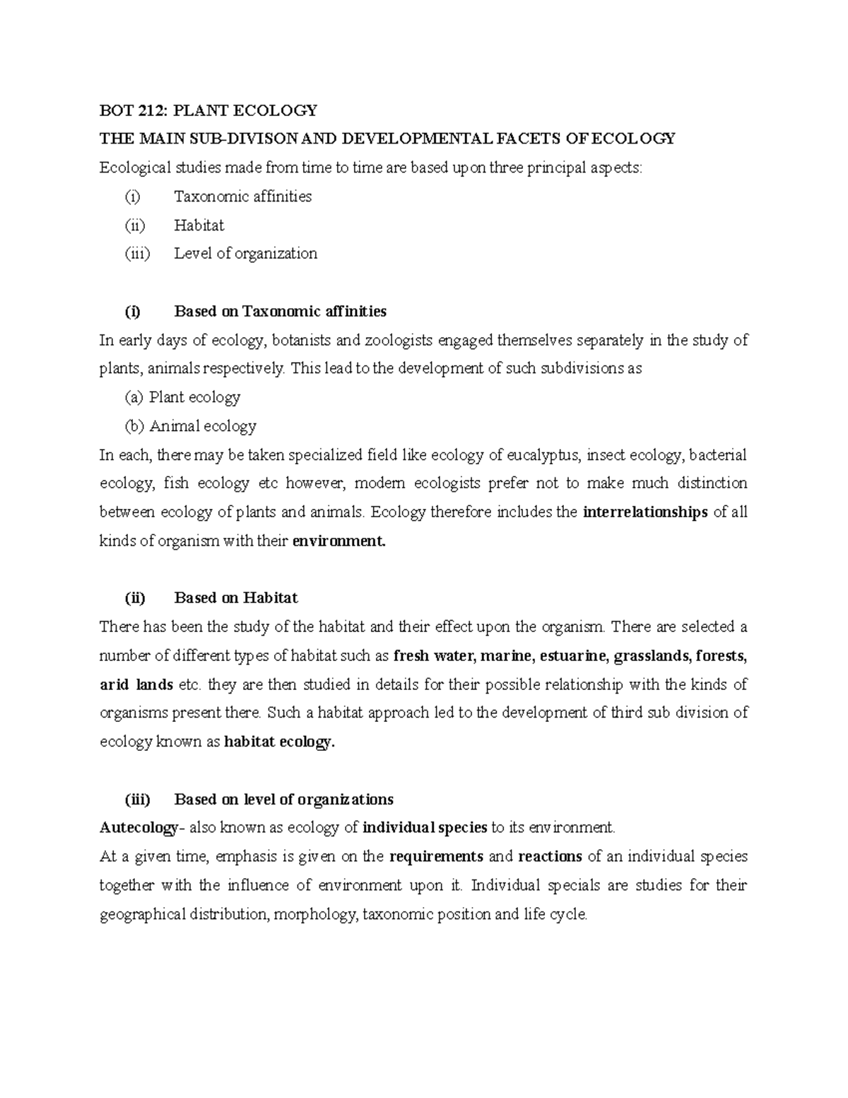 BOT 212 Plant Ecology-1 - BOT 212: PLANT ECOLOGY THE MAIN SUB-DIVISON ...