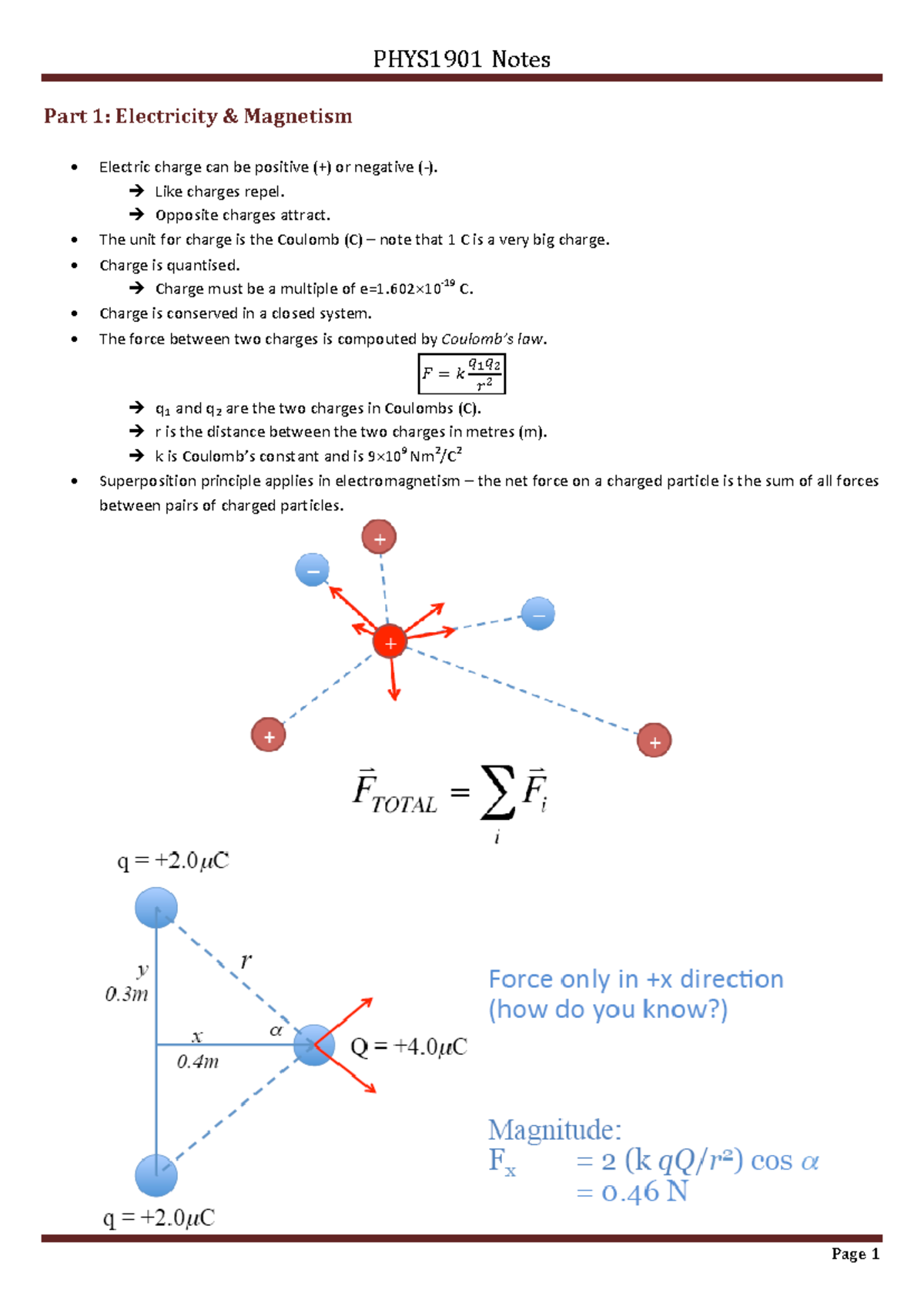 Phys1003/1902-notes - Part 1: Electricity & Magnetism Electric charge ...