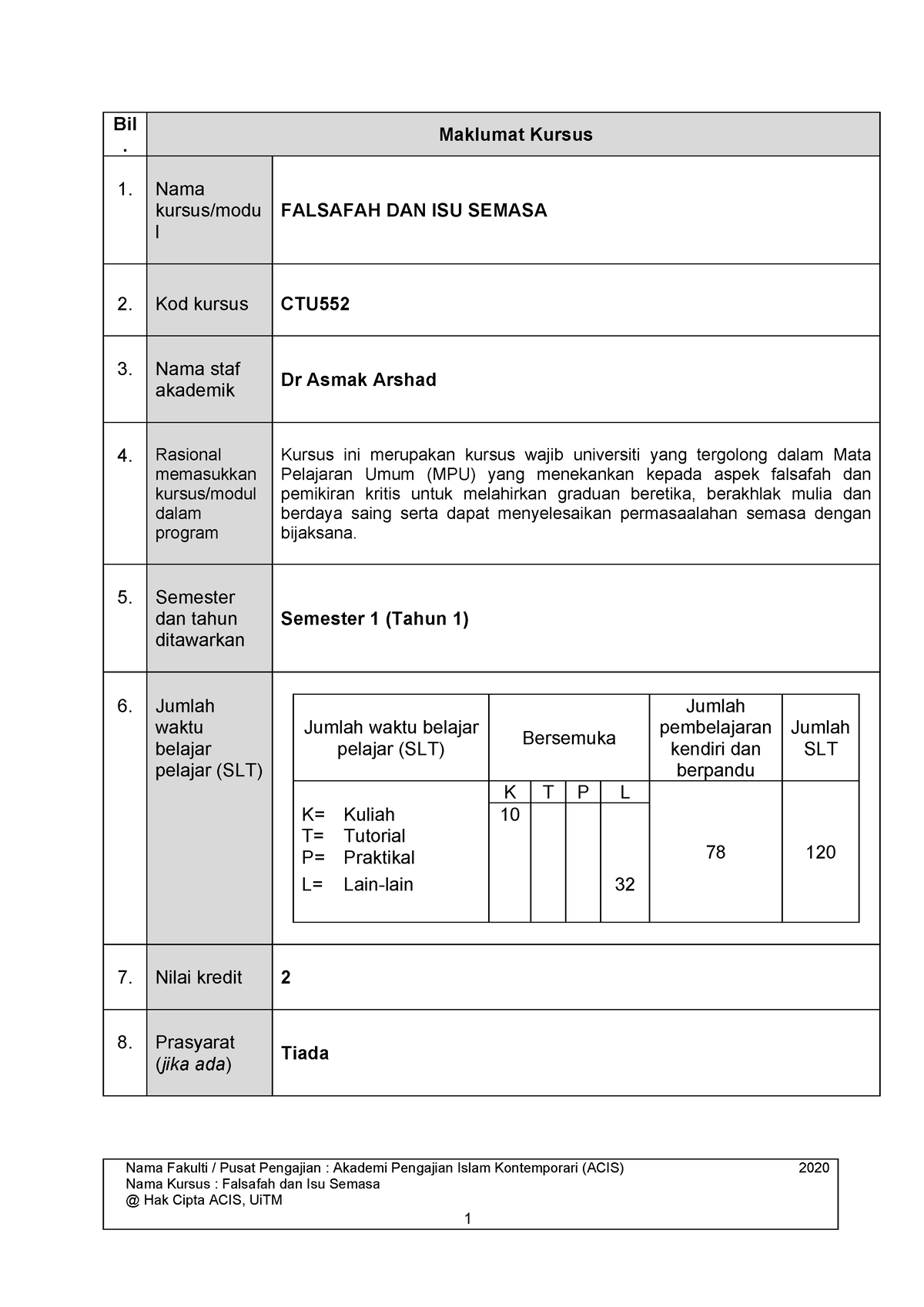 Maklumat Kursus CTU552 Ui TM - Bil . Maklumat Kursus 1. Nama Kursus ...