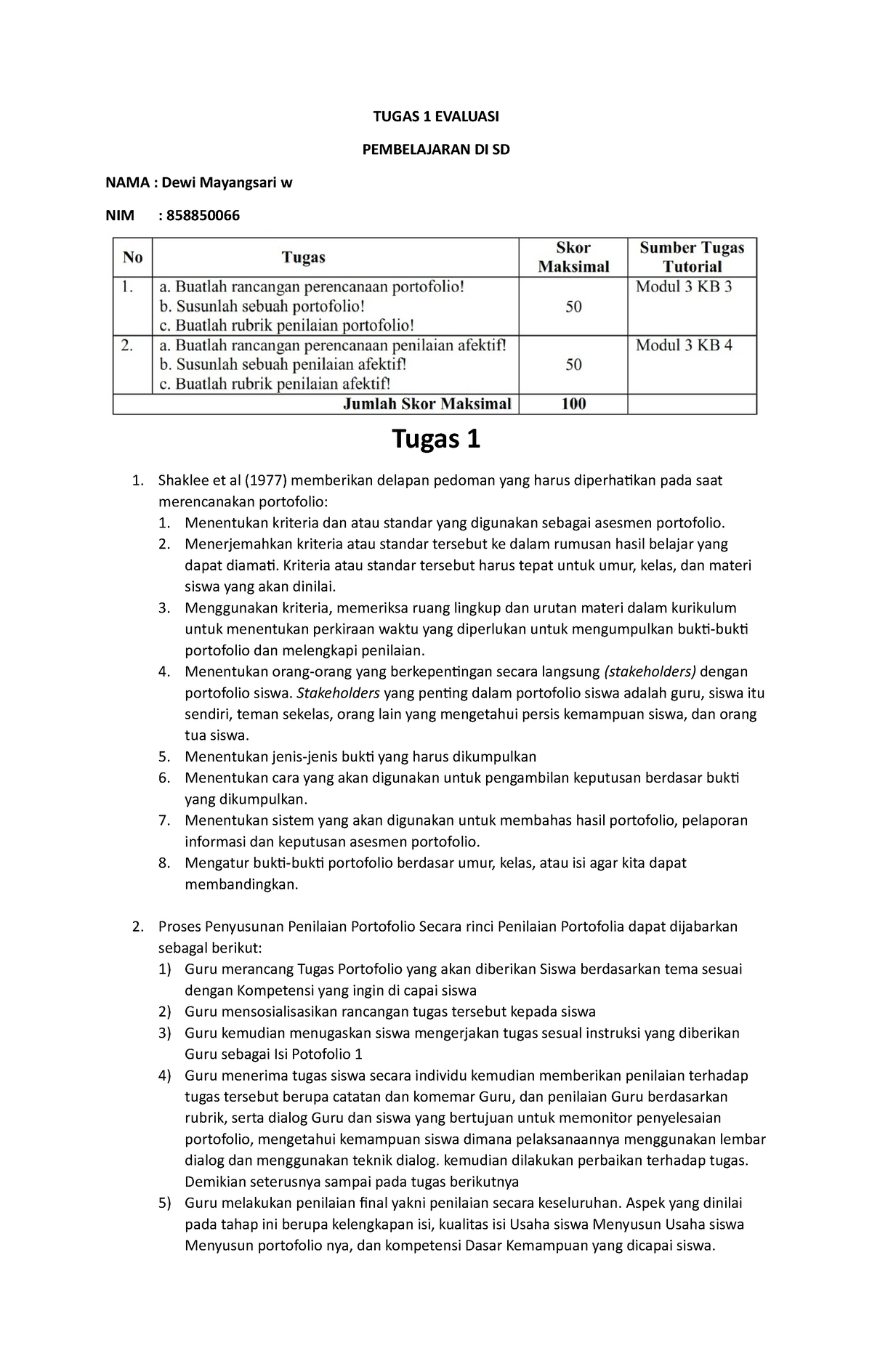 Dewi Mayang Tugas 1 - TUGAS 1 EVALUASI PEMBELAJARAN DI SD NAMA : Dewi ...