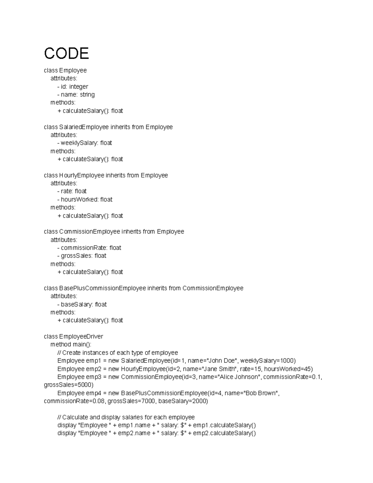 Payroll Pseudo Code WS - sfdb f df d fd f sd f - CODE class Employee ...
