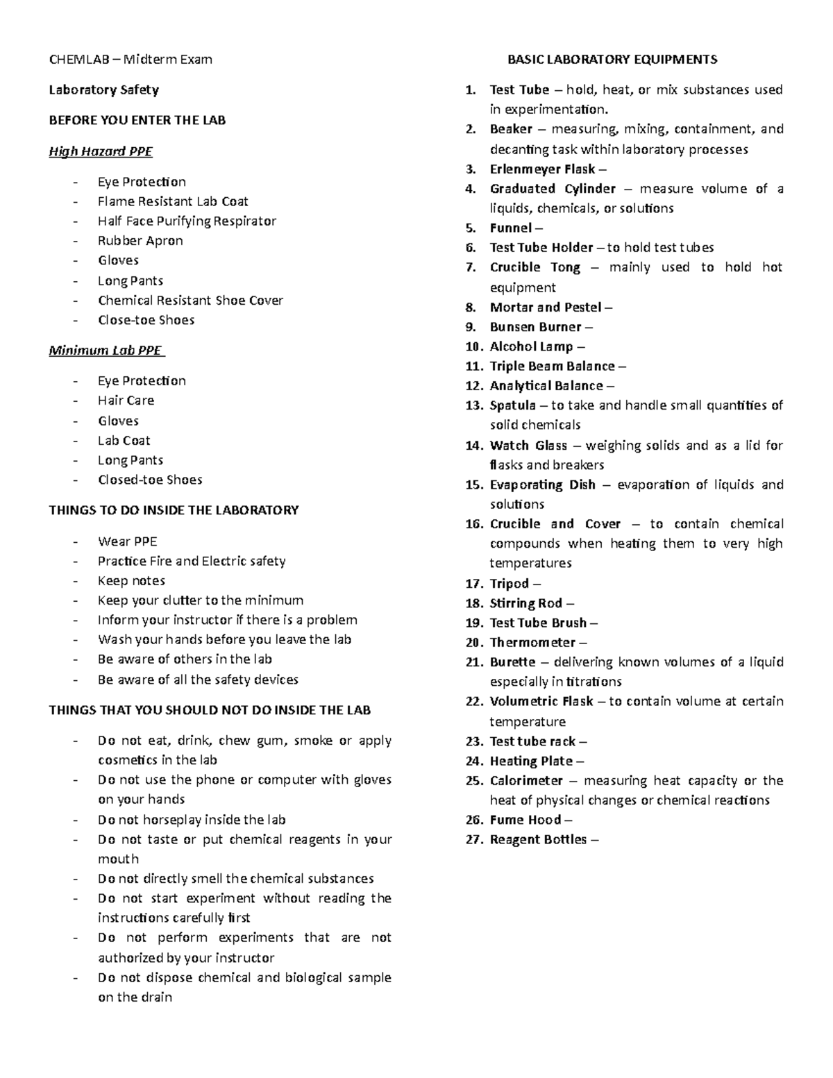 Chemlab - Chemistry For Engineers - Chemlab – Midterm Exam Laboratory 