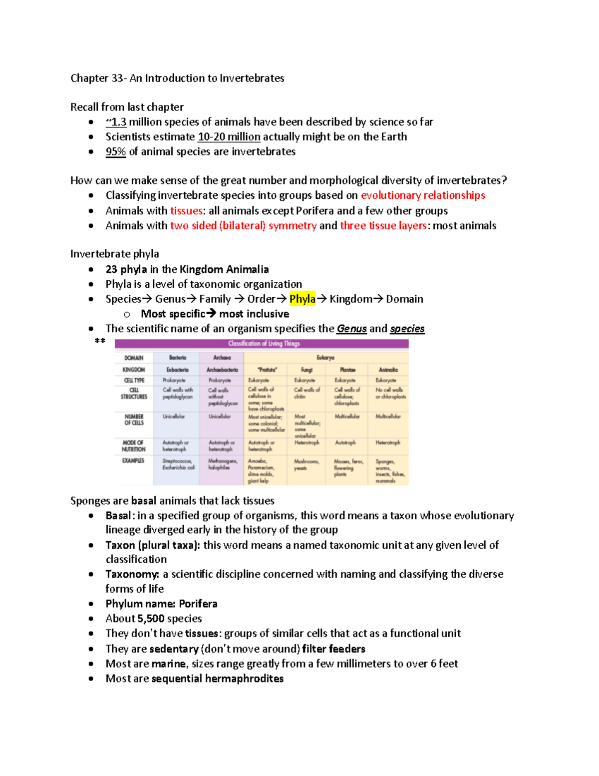 Bio chapter 33- Introduction to Invertebrates - Chapter 33- An ...