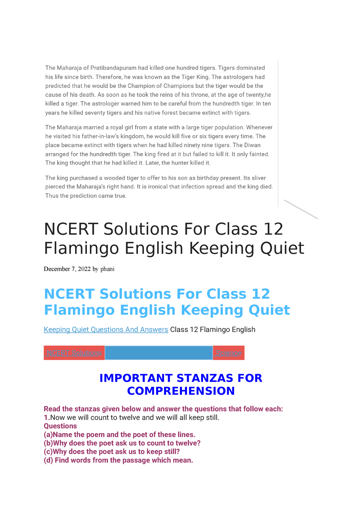 Ncert Solutions For Class 12 Flamingo English Keeping Quiet - NCERT ...