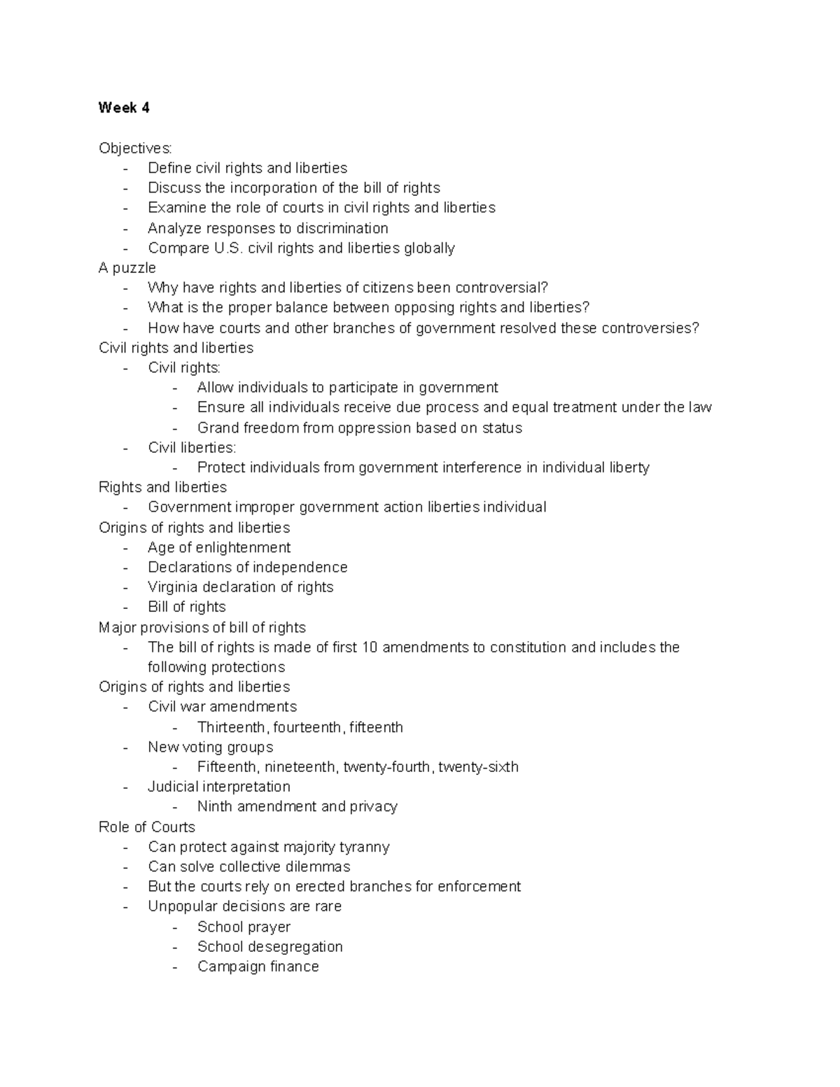 Pos 100 Notes Assignment 2 - Week 4 Objectives: - Define Civil Rights 