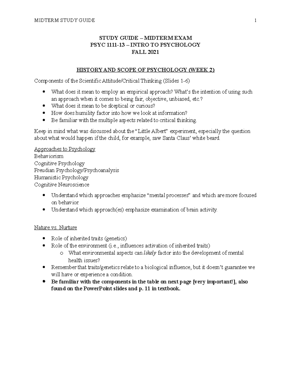 Midterm Exam Study Guide - STUDY GUIDE – MIDTERM EXAM PSYC 1111-13 ...