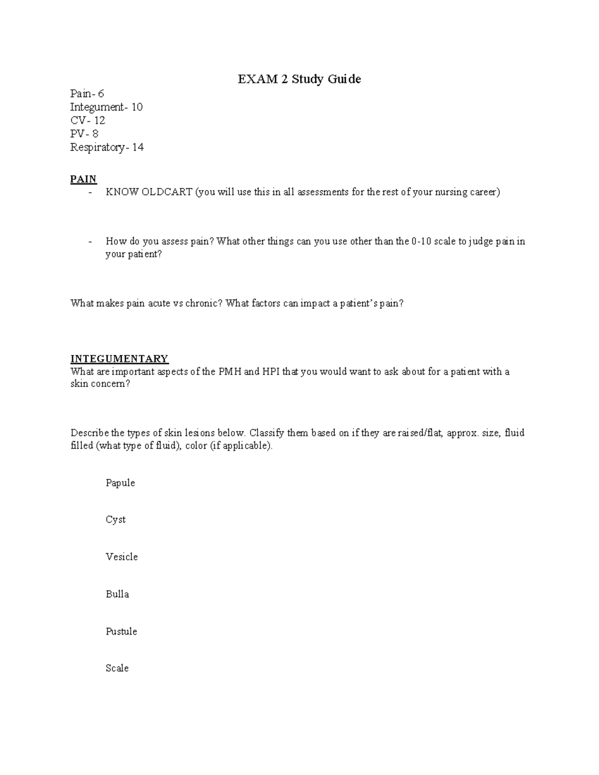 Exam 2 Study Guide and Matrix PDF - EXAM 2 Study Guide Pain- 6 ...