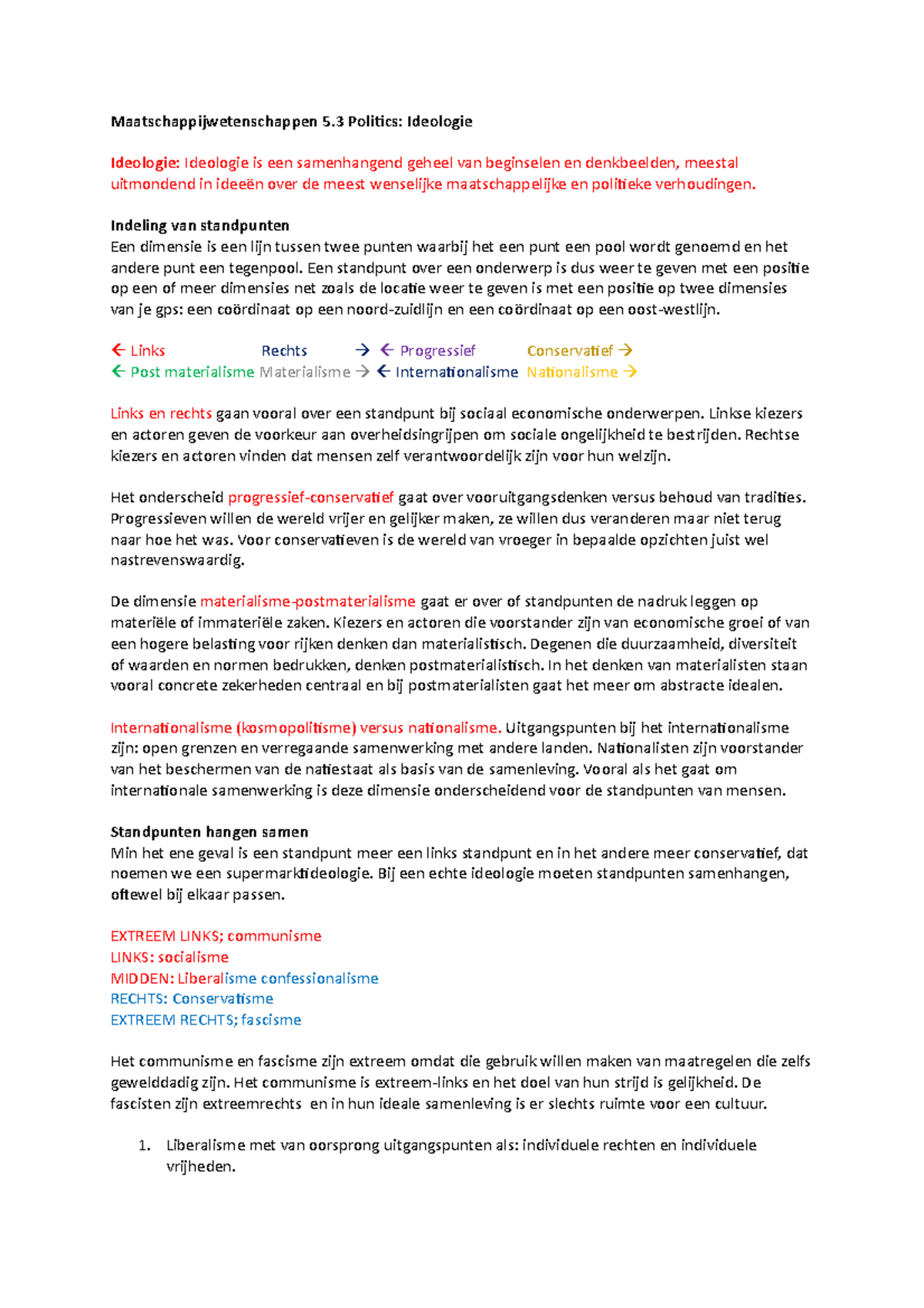 Maatschappijwetenschappen 5 - Indeling Van Standpunten Een Dimensie Is ...