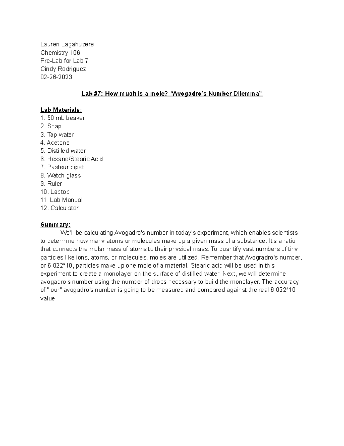 Prelaboratory chem 106 Lauren Lagahuzere Chemistry 106 PreLab for