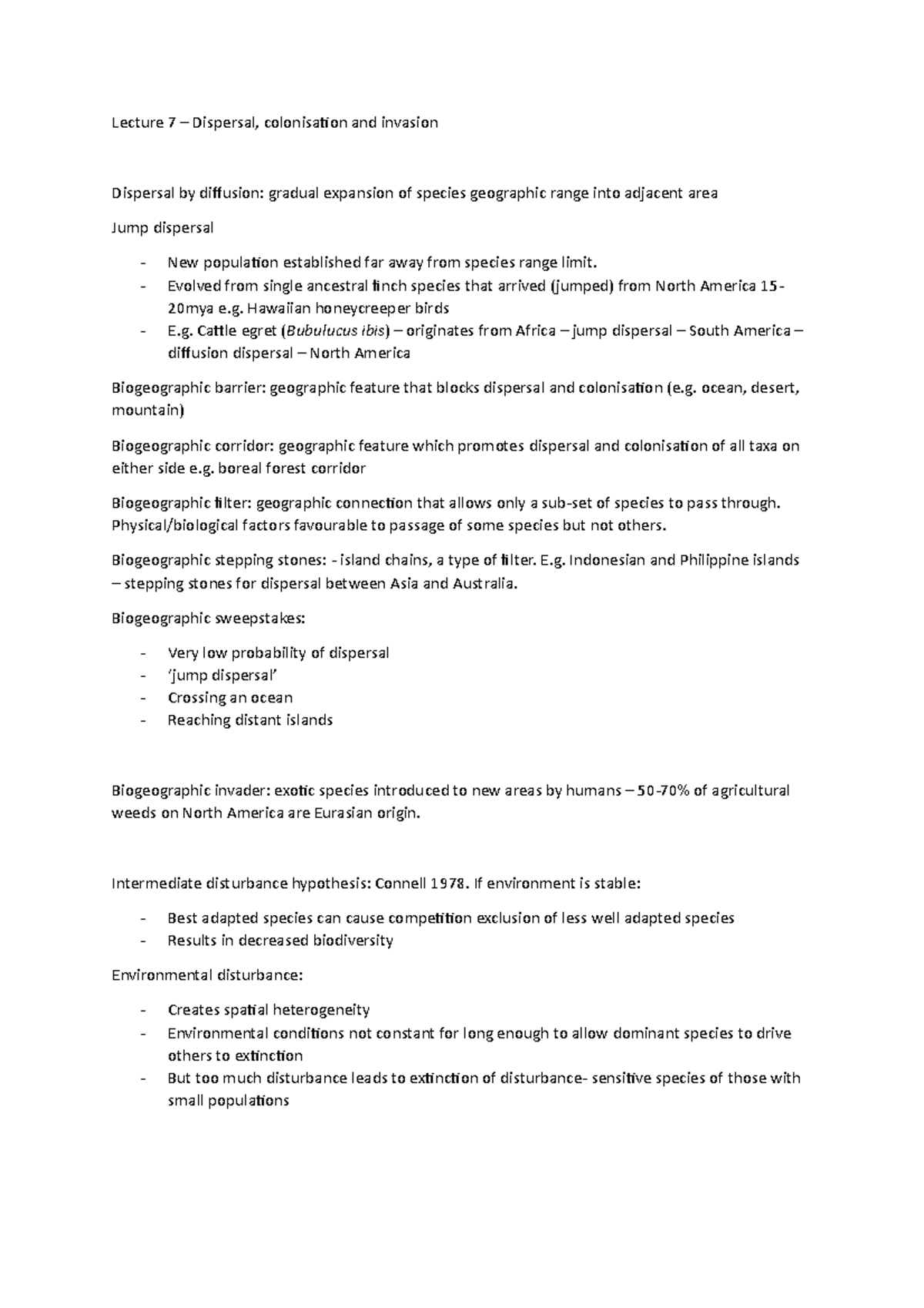 Lecture 7 dispersal. colonisation, invasion - Lecture 7 – Dispersal ...