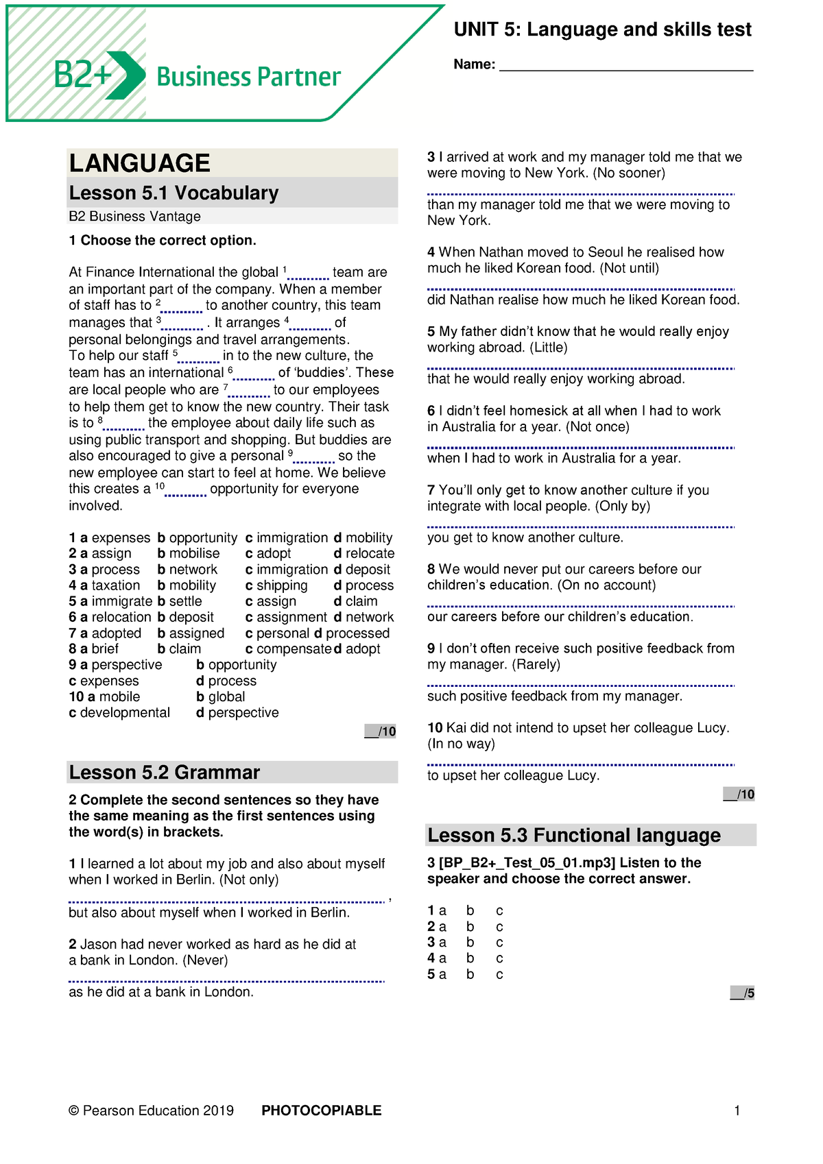 B2P Tests Unit 5 - Practice - Name ...