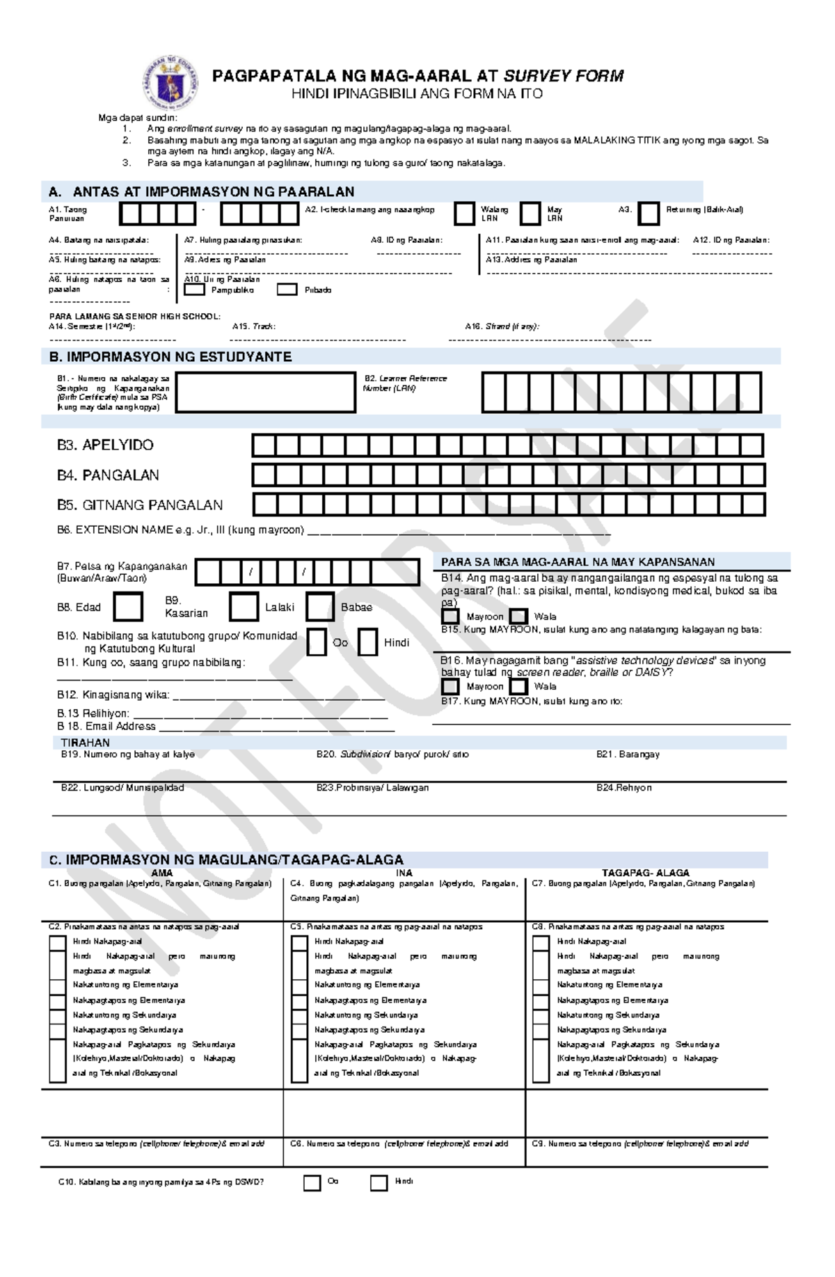 Modified Learner Enrollment and Survey Form Filipino - PAGPAPATALA NG ...
