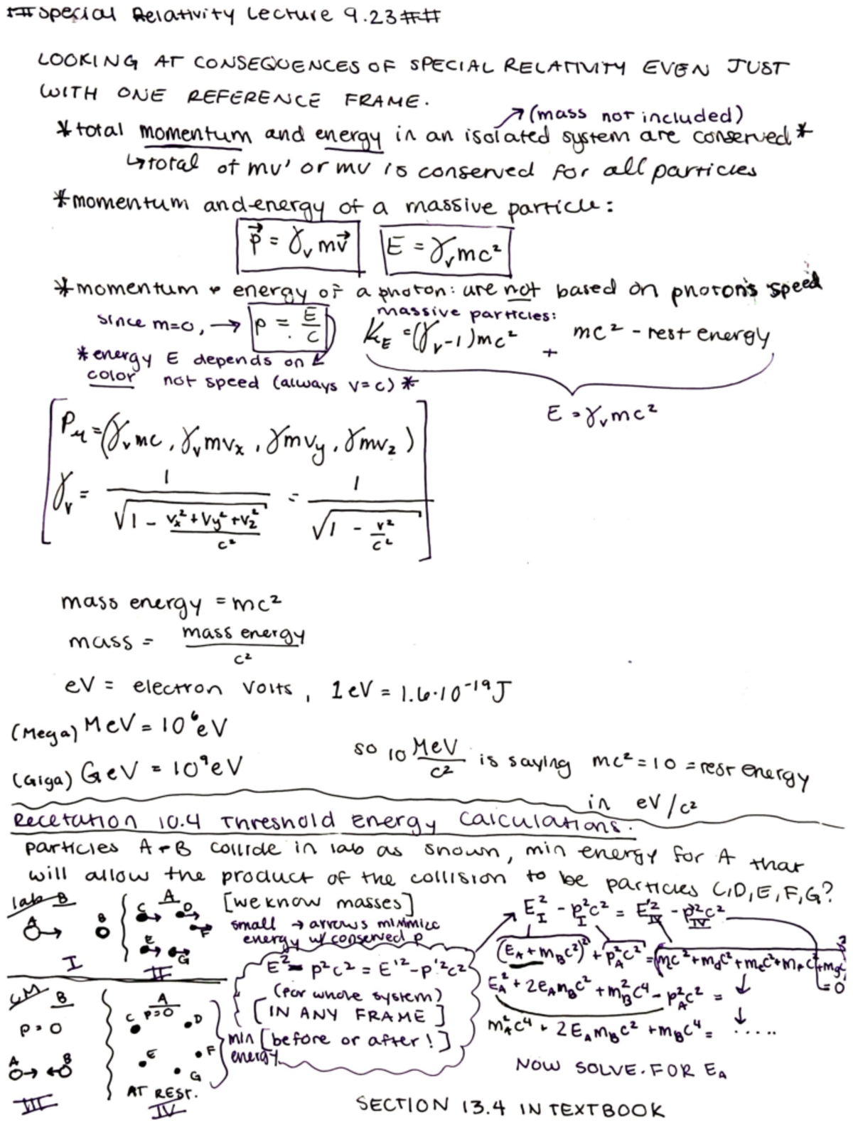 Momentum and Energy Vectors, Threshold Energy Calculations In special