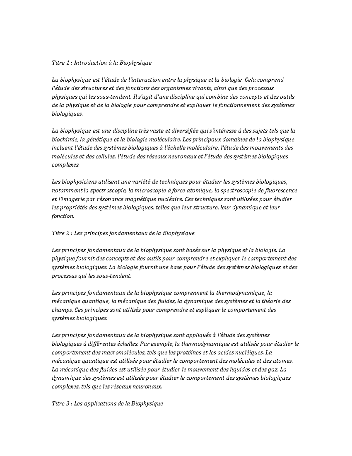 Biophysics Study Notes - Titre 1 : Introduction à la Biophysique La ...