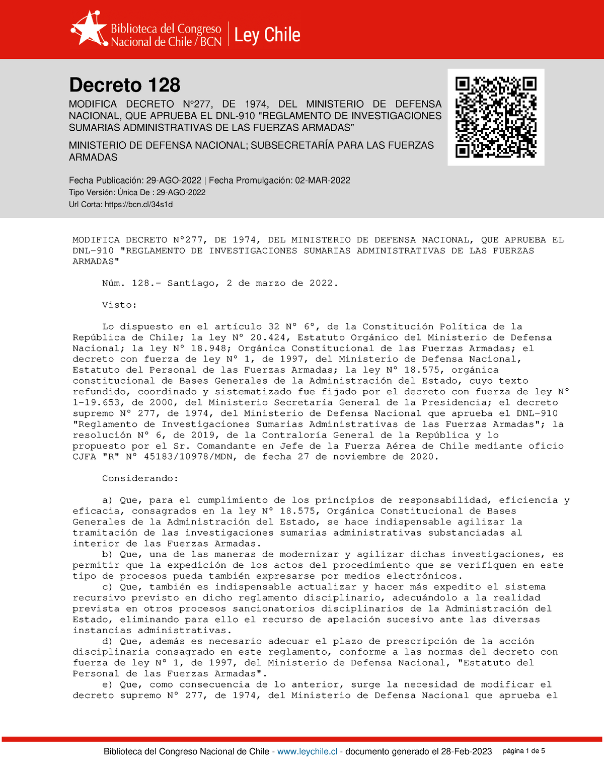 Decreto-128 29-AGO-2022 - Decreto 128 MODIFICA DECRETO N°277, DE 1974 ...