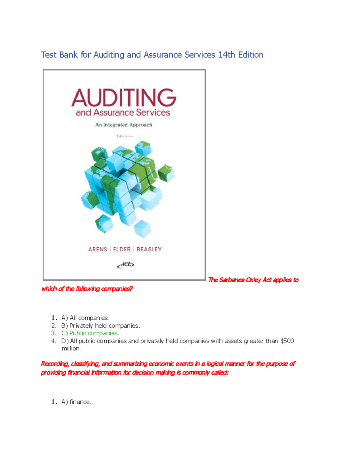 Test Bank For Auditing And Assurance Services 14th Edition - A) All ...