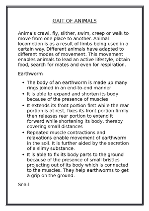 Gait of animals - GAIT OF ANIMALS Animals crawl, fly, slither, swim, creep or walk to move from one - Studocu Gait of animals - GAIT OF ANIMALS Animals crawl, fly, slither, swim, creep or walk to move from one - Studocu