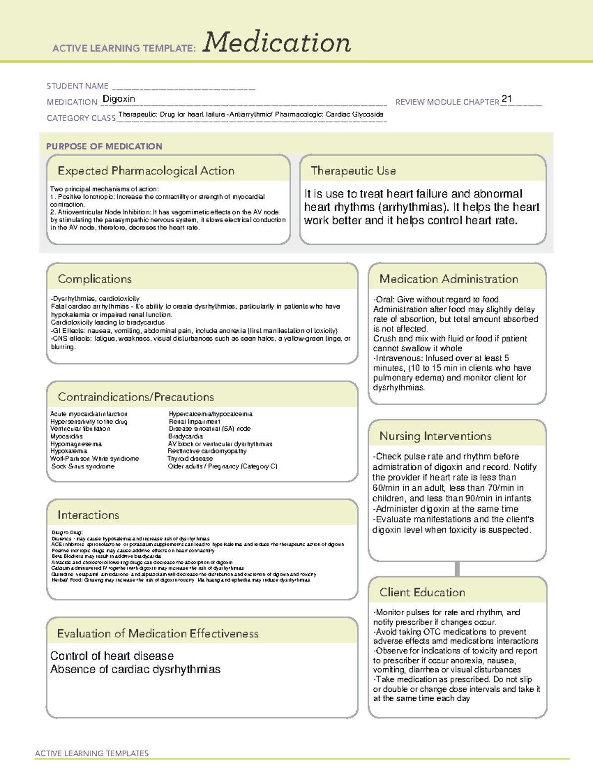 Digoxin Med Card ACTIVE LEARNING TEMPLATES Medication STUDENT NAME 