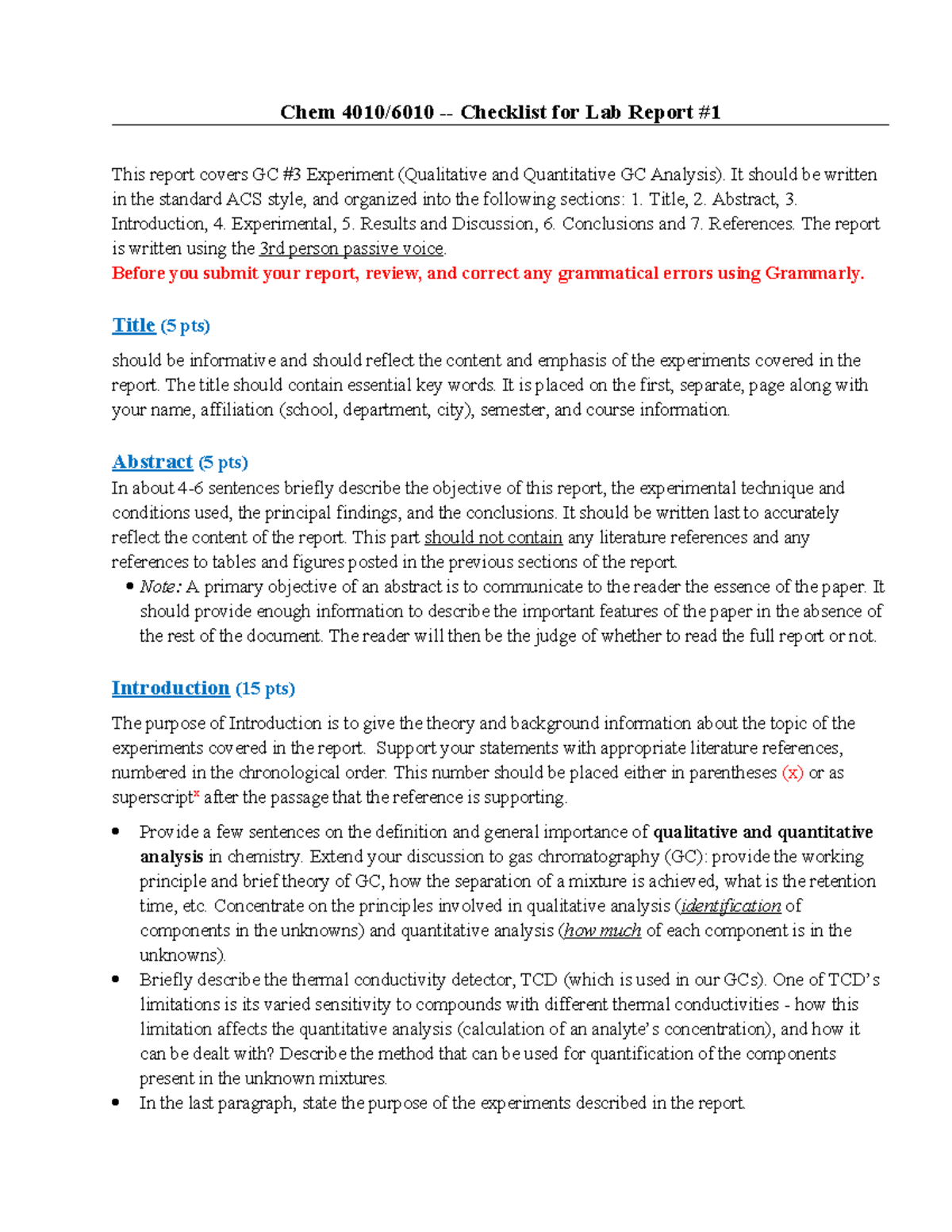 Checklist for Lab Report 1 (GC3) Spr24 - Chem 4010/6010 - Checklist for ...