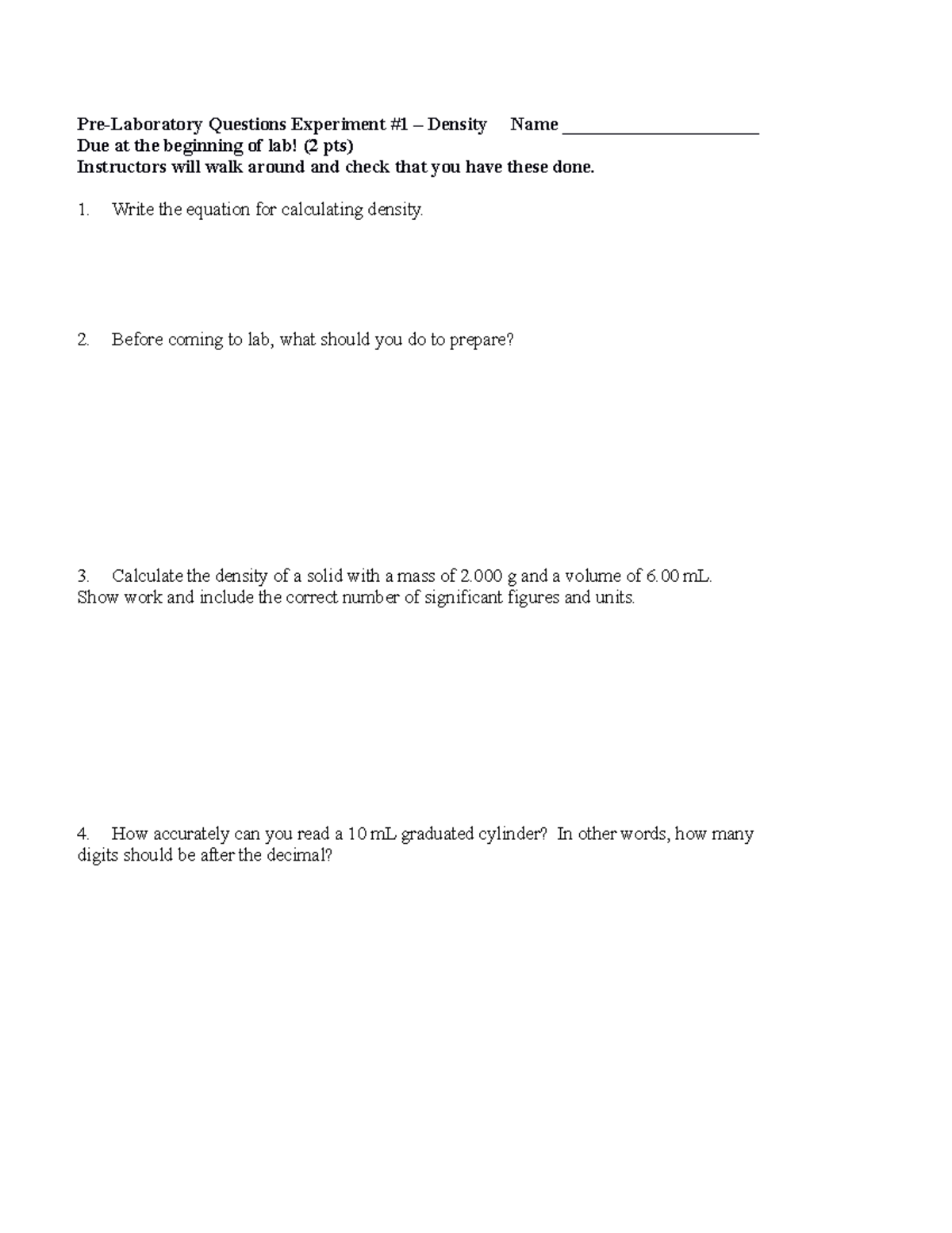 Density experiment sp 20222 PreLaboratory Questions Experiment 1