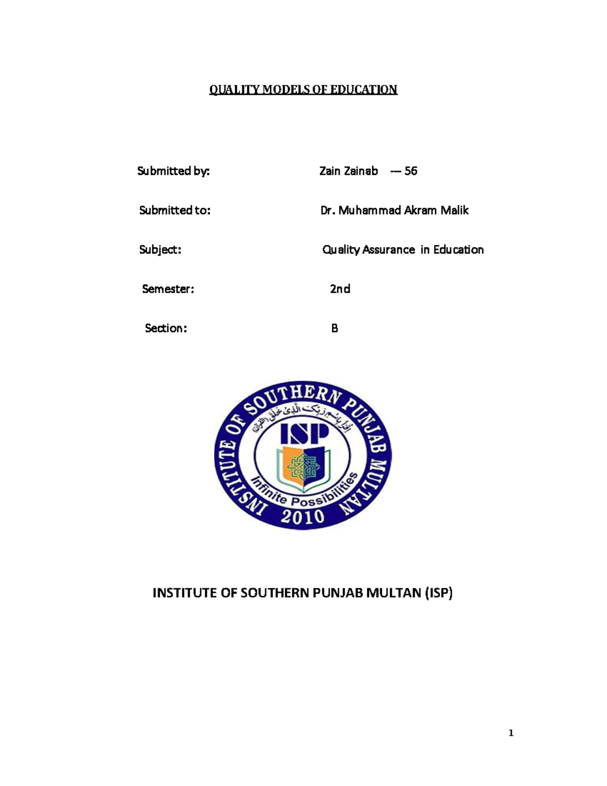 Quality Models of Education QUALITY MODELS OF EDUCATION Submitted by