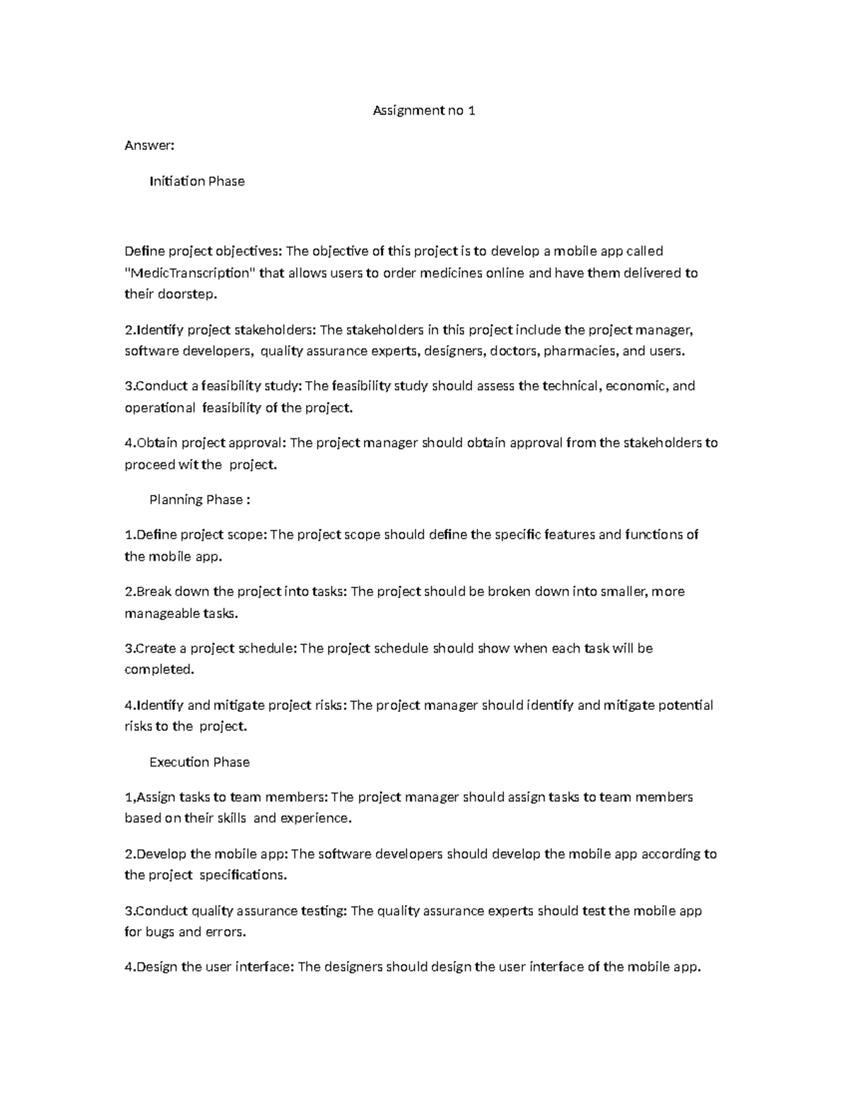 Mc2202008 62 - Assignment no 1 Answer: Initiation Phase Define project ...