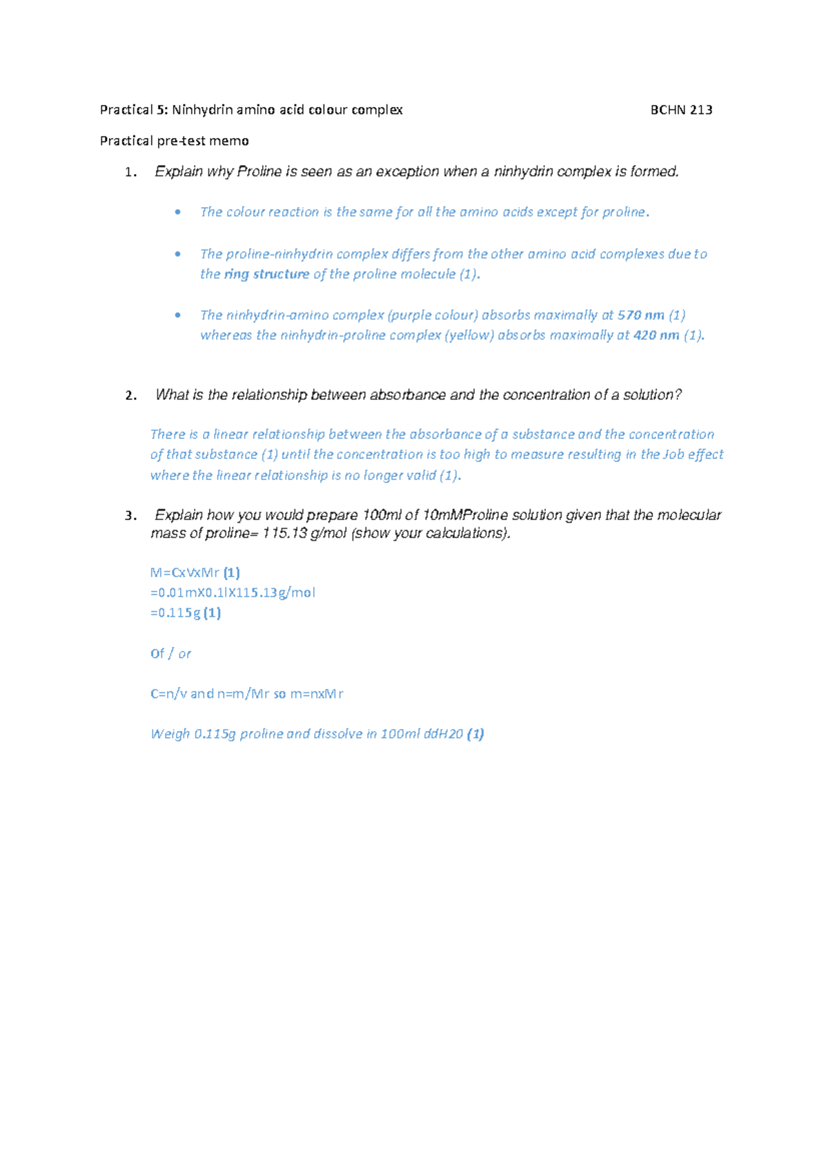 Memo practical 5 nin hydrin pre test - Practical 5: Ninhydrin amino ...