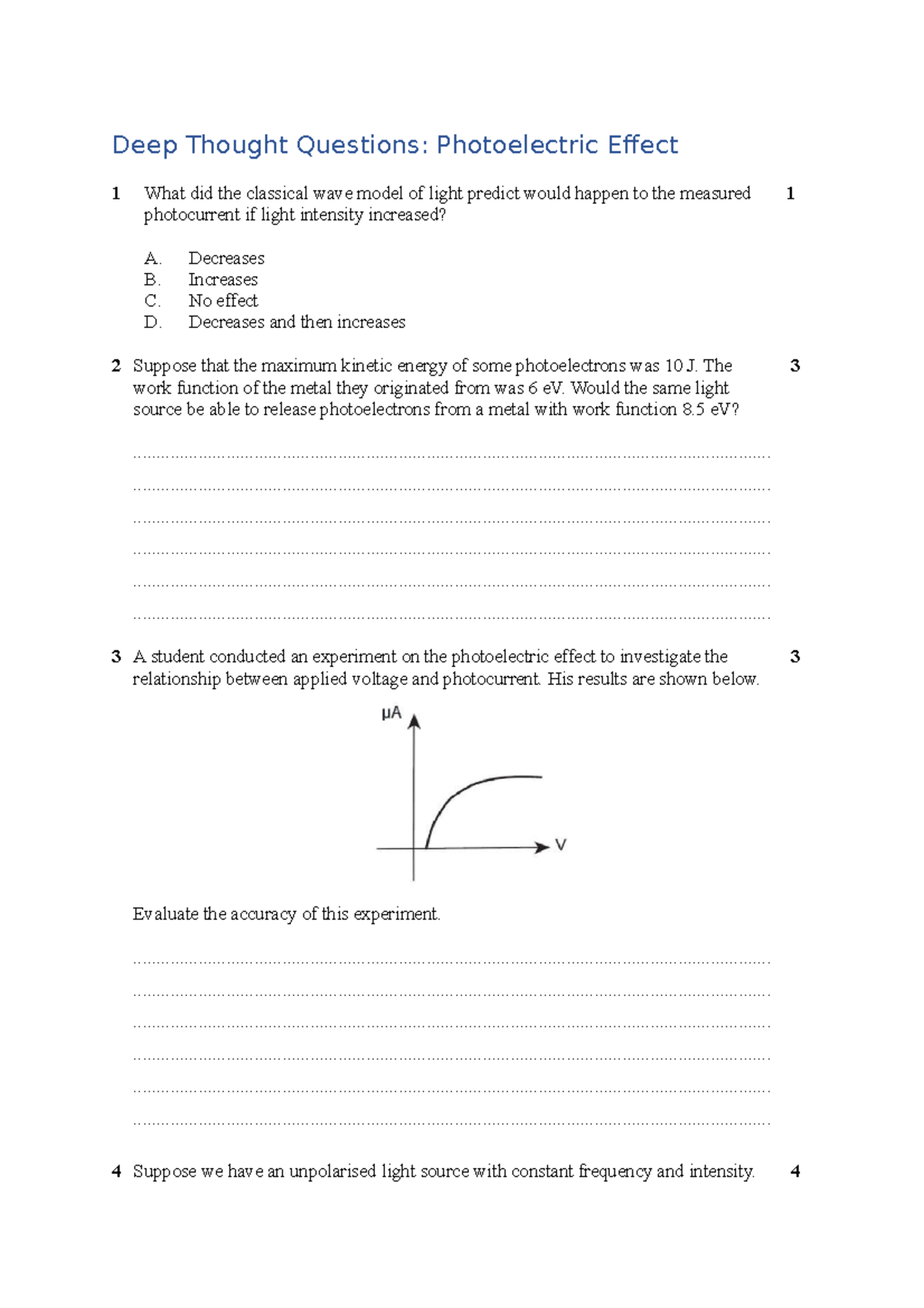 Deep Thought Questions Photoelectric Effect Deep Thought Questions