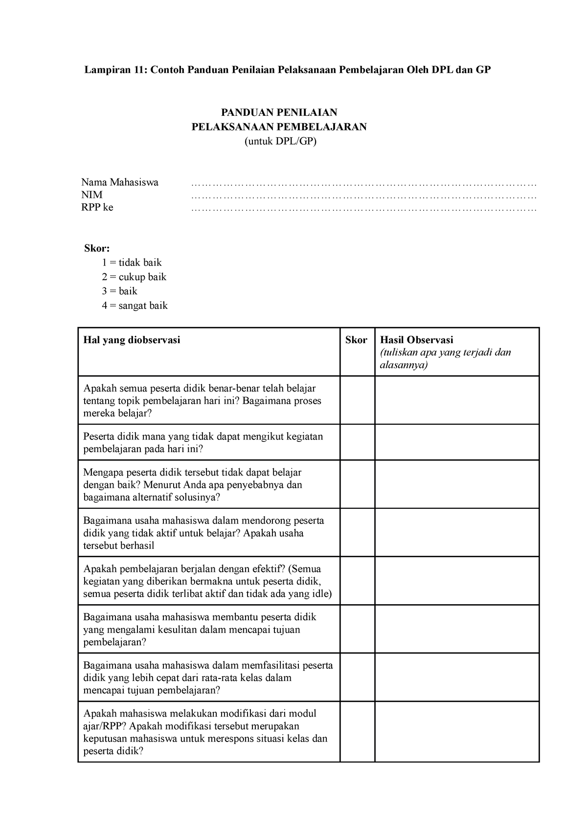 Lampiran 11 - Contoh Panduan Penilaian Pelaksanaan Pembelajaran Oleh ...