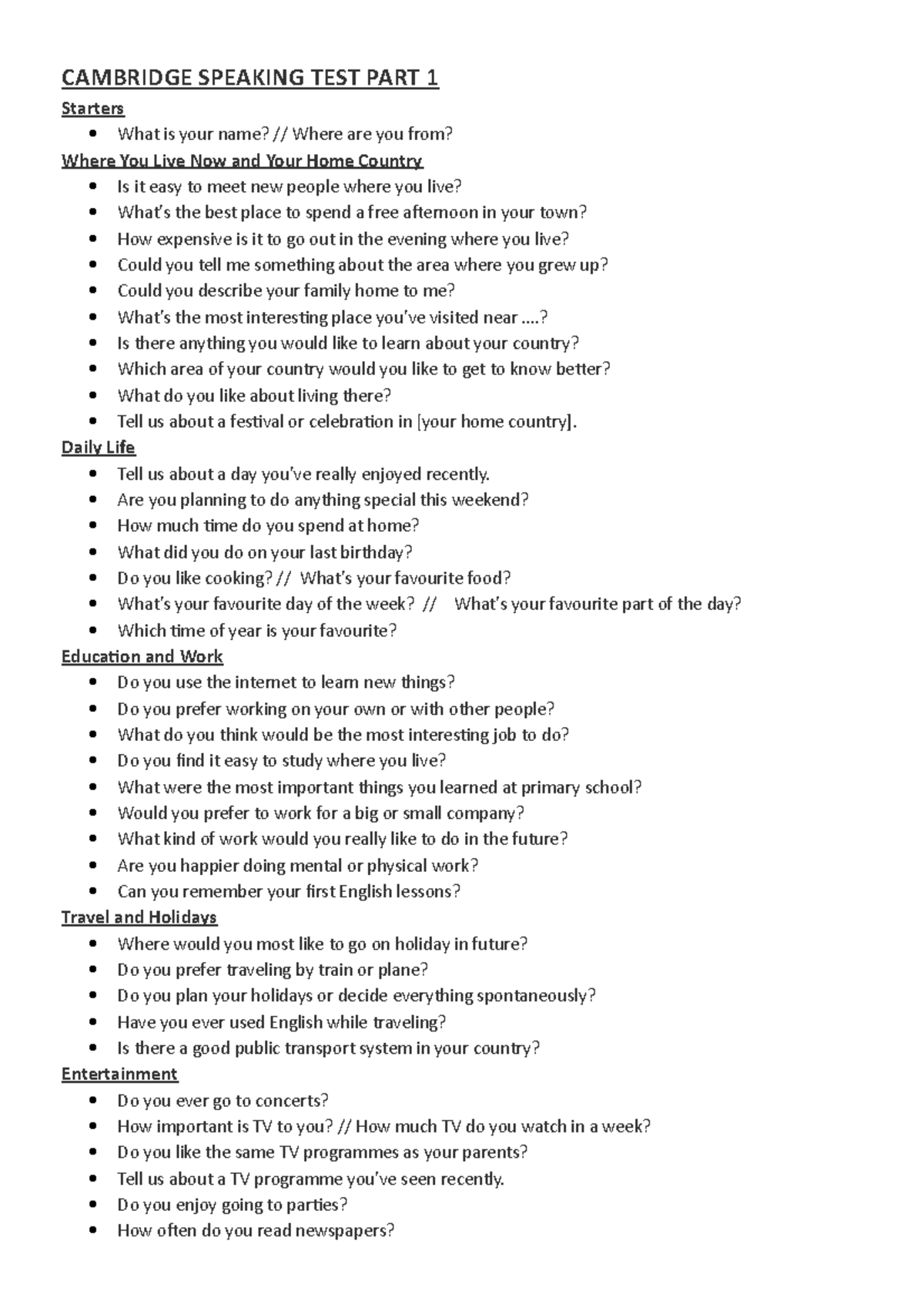 Cambridge Speaking TEST PART 1 CAMBRIDGE SPEAKING TEST PART 1