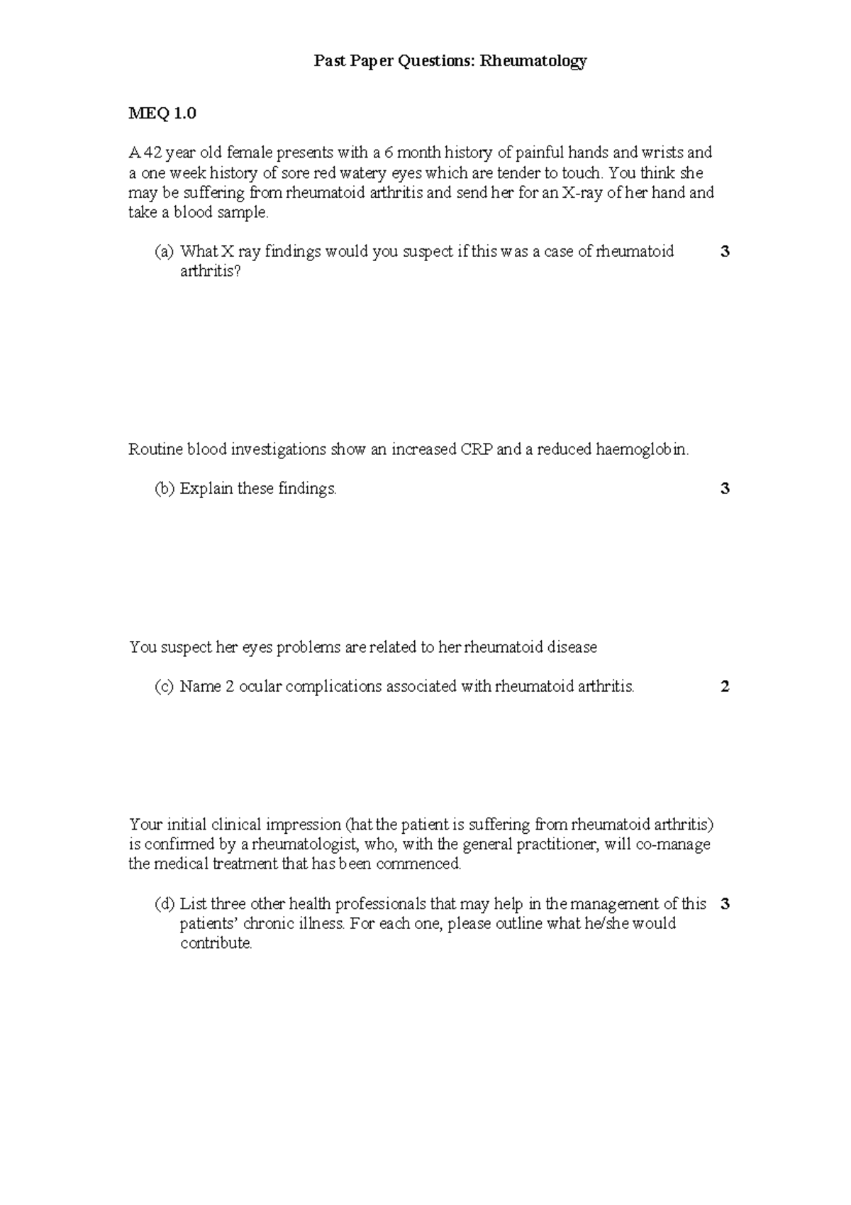 Rheumatology Questions MEQ 1 A 42 Year Old Female Presents With A 6 