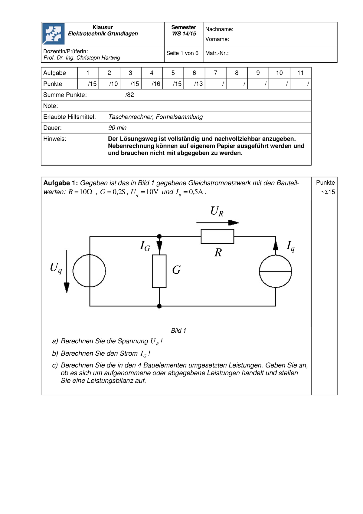 Klausur ET Grdl WS1415 - Elektrotechnik Grundlagen WS 14/ Nachname ...