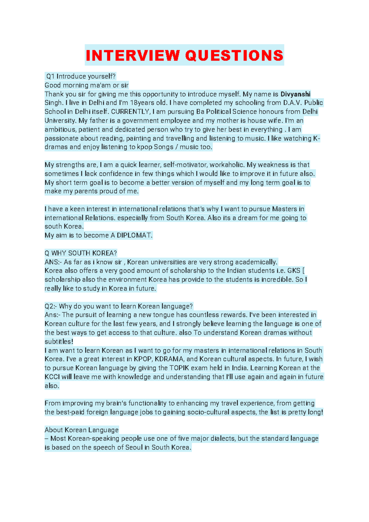 Interview Questions - INTERVIEW QUESTIONS Q1 Introduce yourself? Good ...