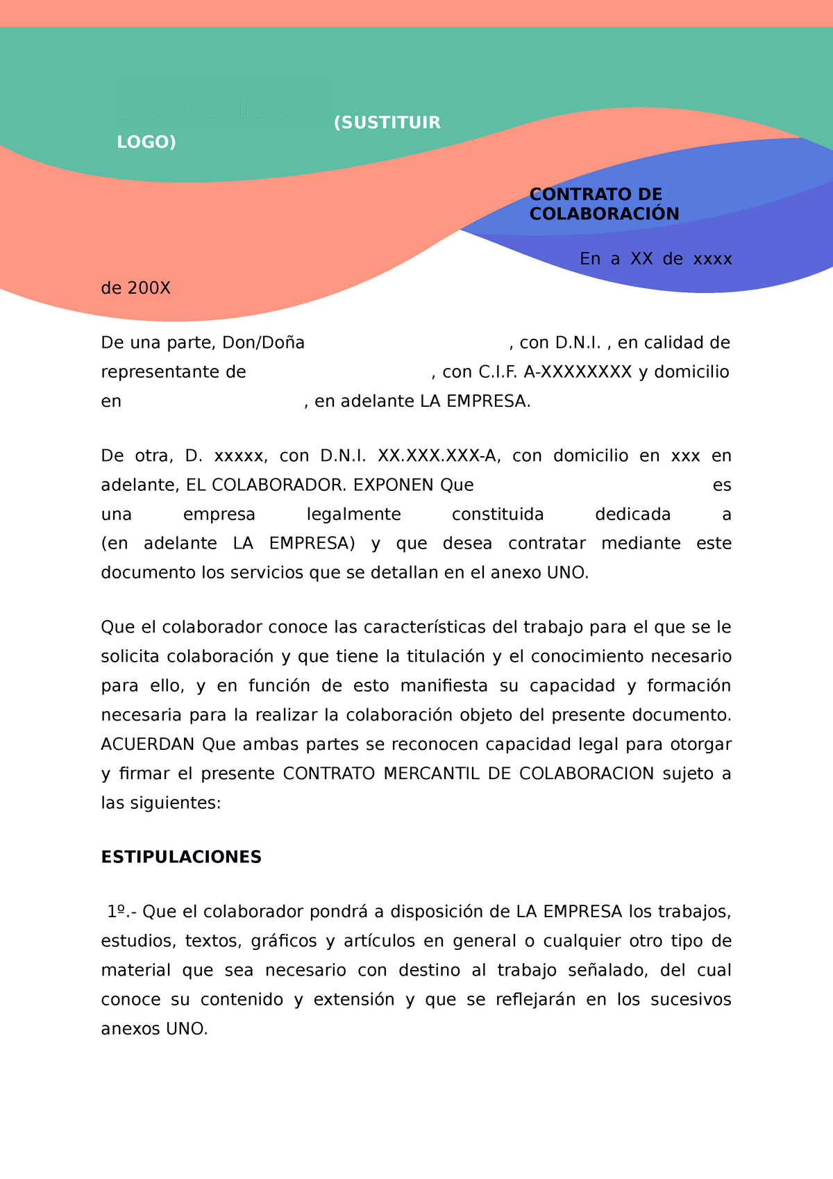 Ejemplo de modelo de contrato de colaboracion empresarial - CONTRATO DE  COLABORACIÓN En a XX de xxxx - Studocu