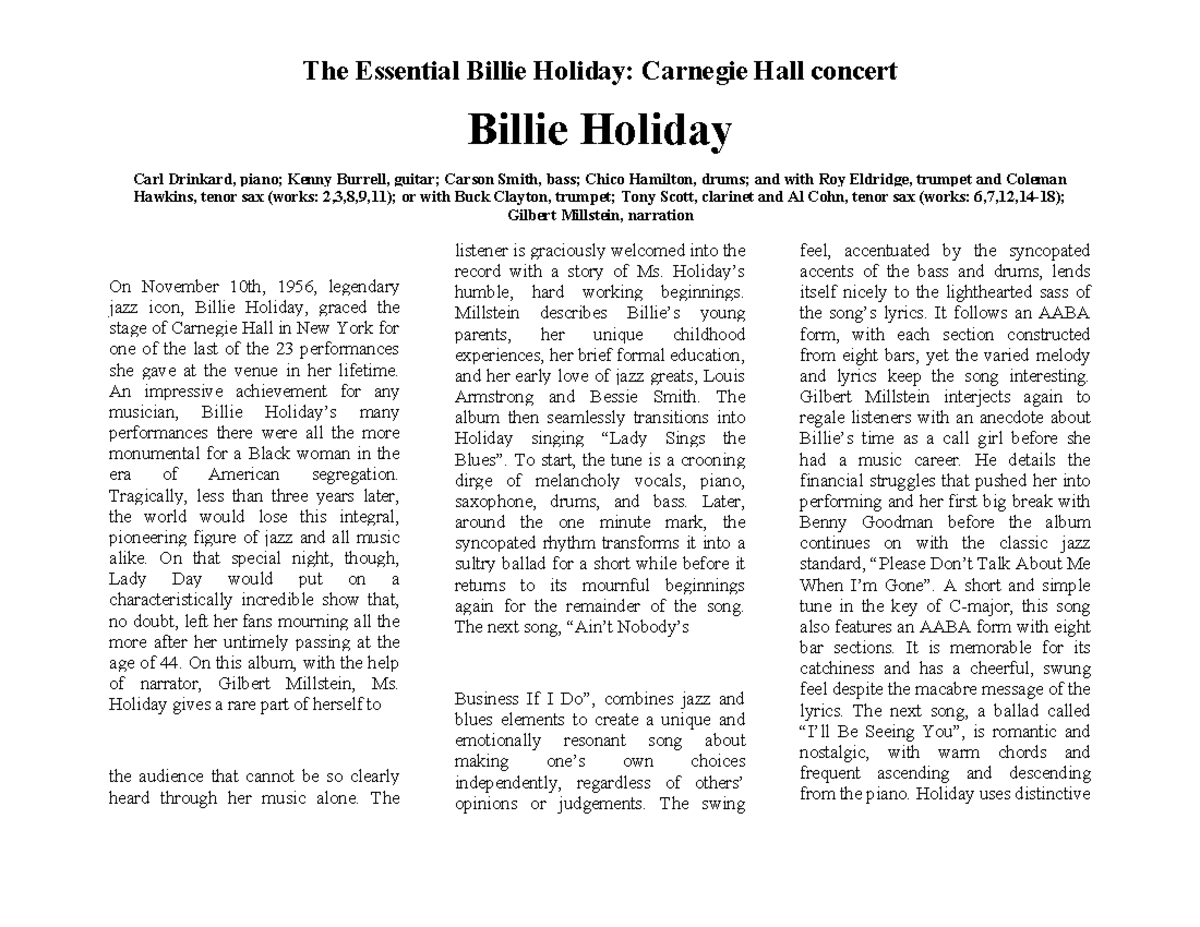 Liner Notes - Billie Holiday CD 2167 - The Essential Billie Holiday ...