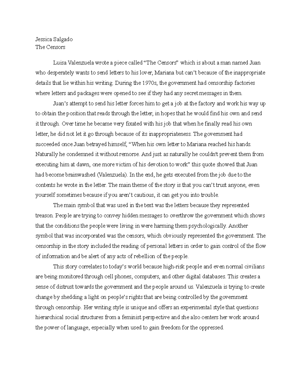 The Censors - Response Paper 4 - Grade: A - Jessica Salgado The Censors ...