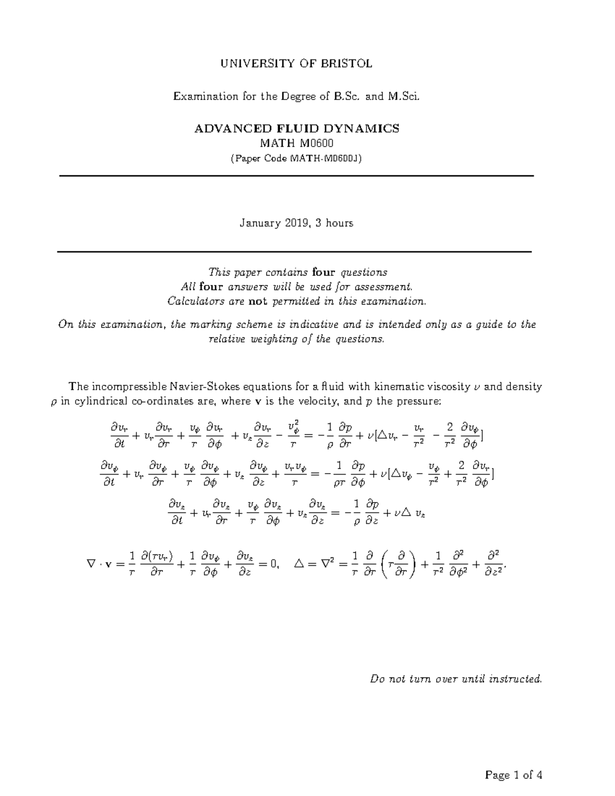 Advanced Fluid Dynamics Exam 2019 UNIVERSITY OF BRISTOL Examination