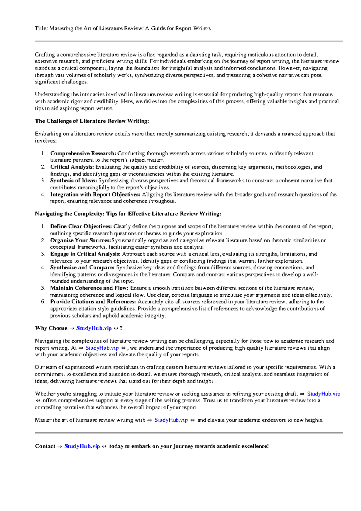 Report Literature Review - Title: Mastering the Art of Literature ...