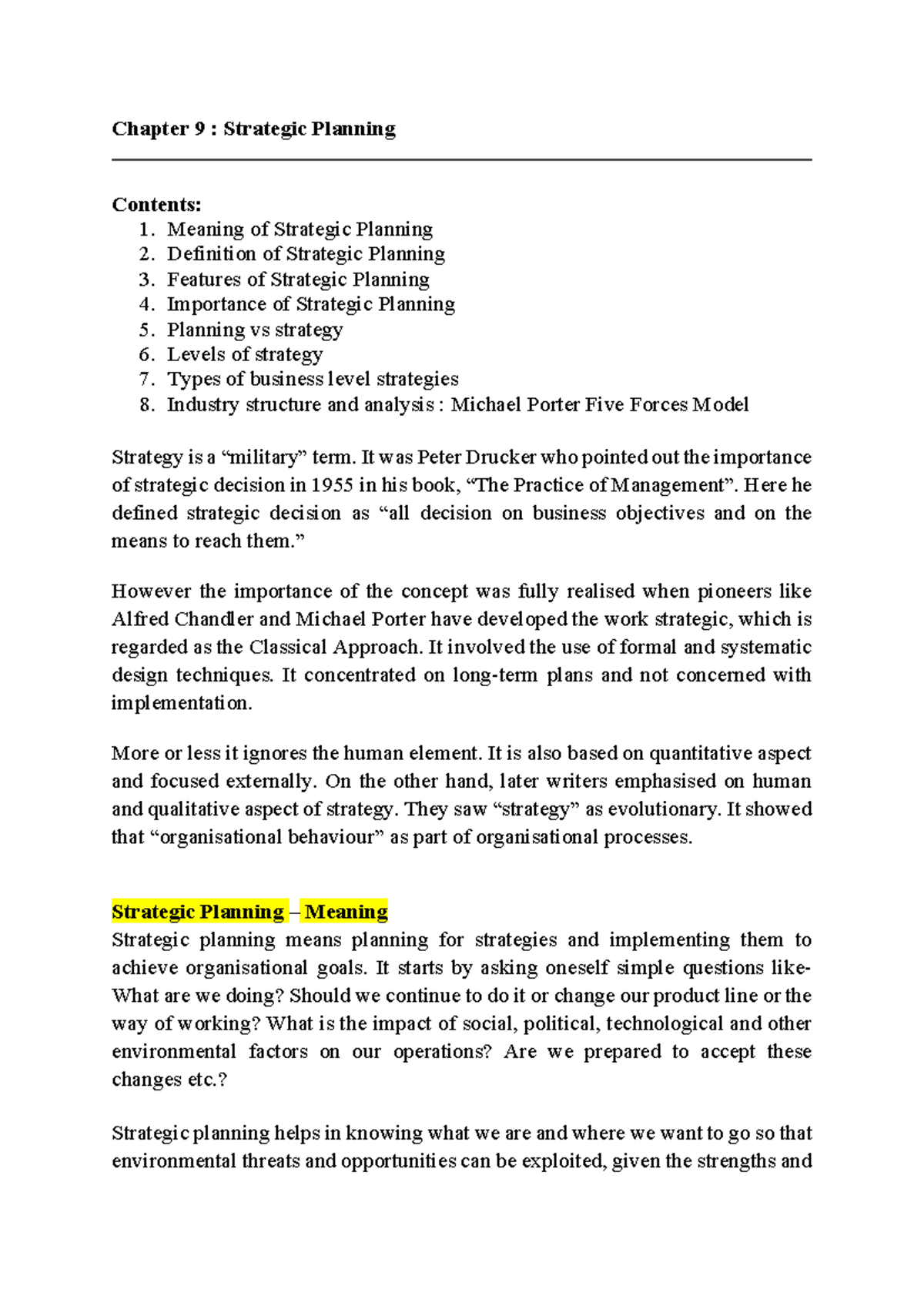 Strategic mgt handout - good - Chapter 9 : Strategic Planning Contents ...