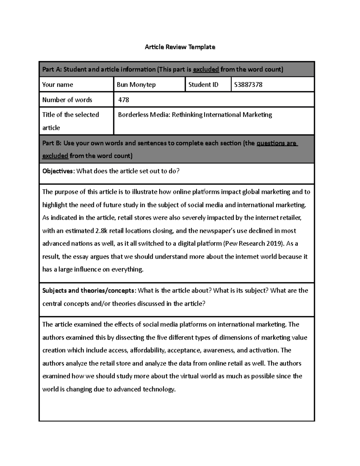 Final Global Business A1 - Article Review Template Part A: Student and ...
