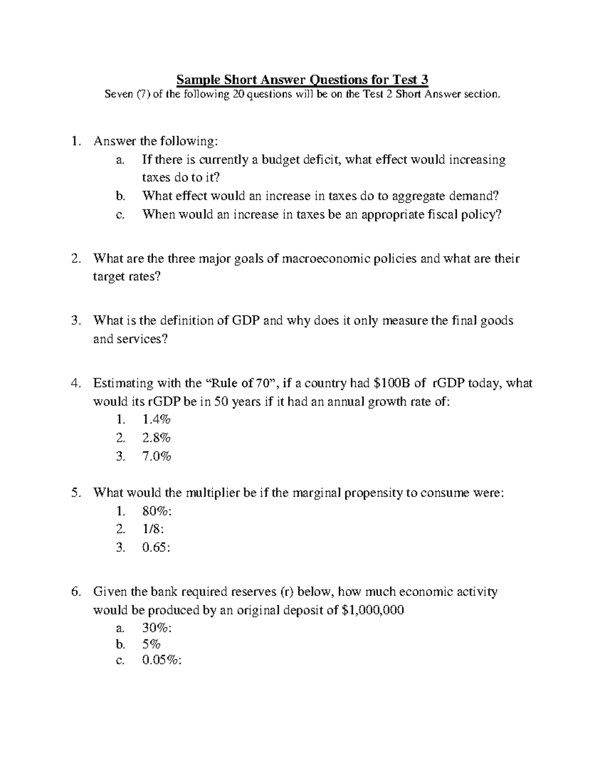 Sample Short Answer Questions For Test 3 Answer The Following A If There Is Currently A 