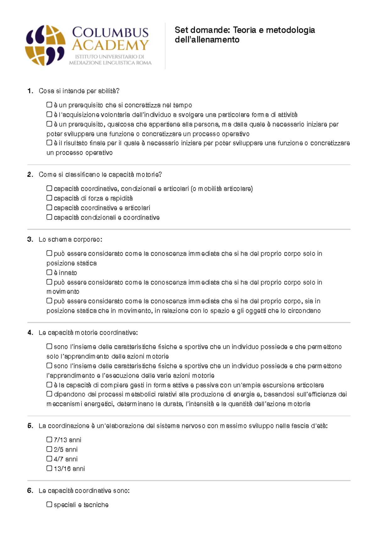 Teoria E Metodologia Dell’allenamento - Set Domande: Teoria E ...